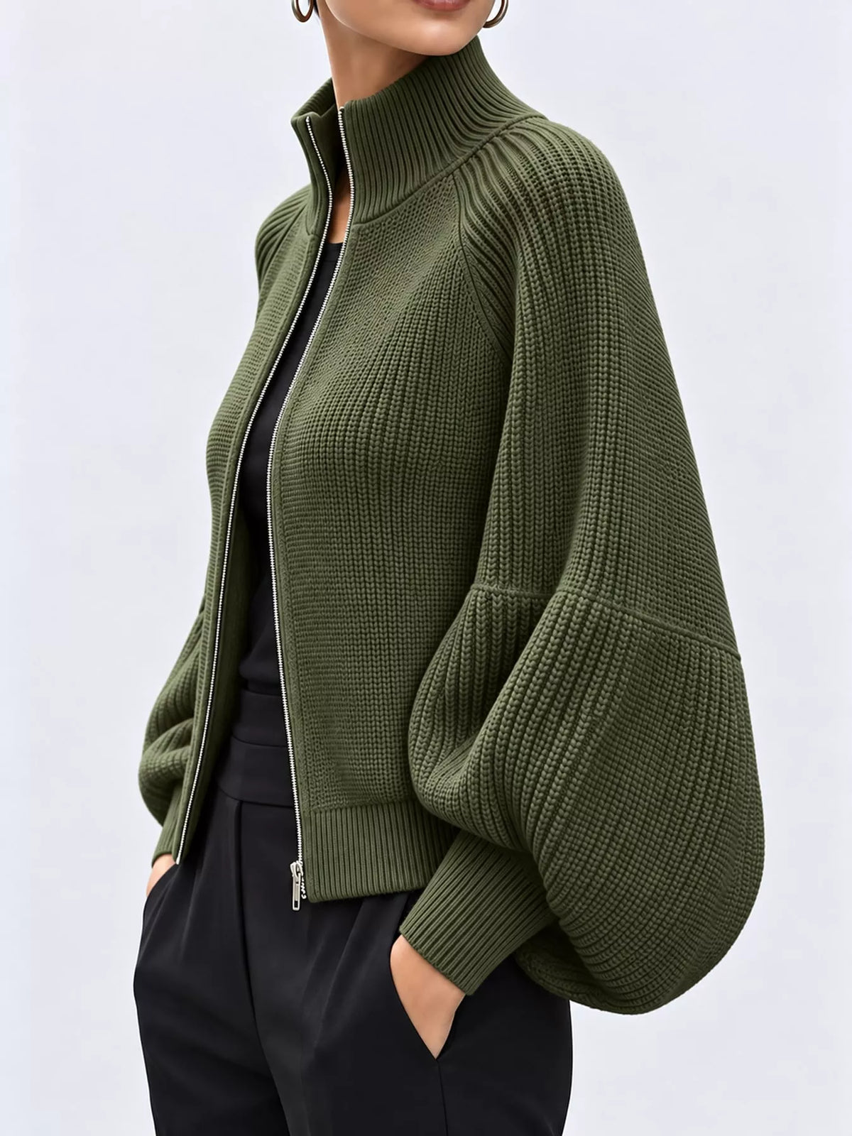 Ribbed Knit Zip-Up Cardigan with Lantern Sleeves