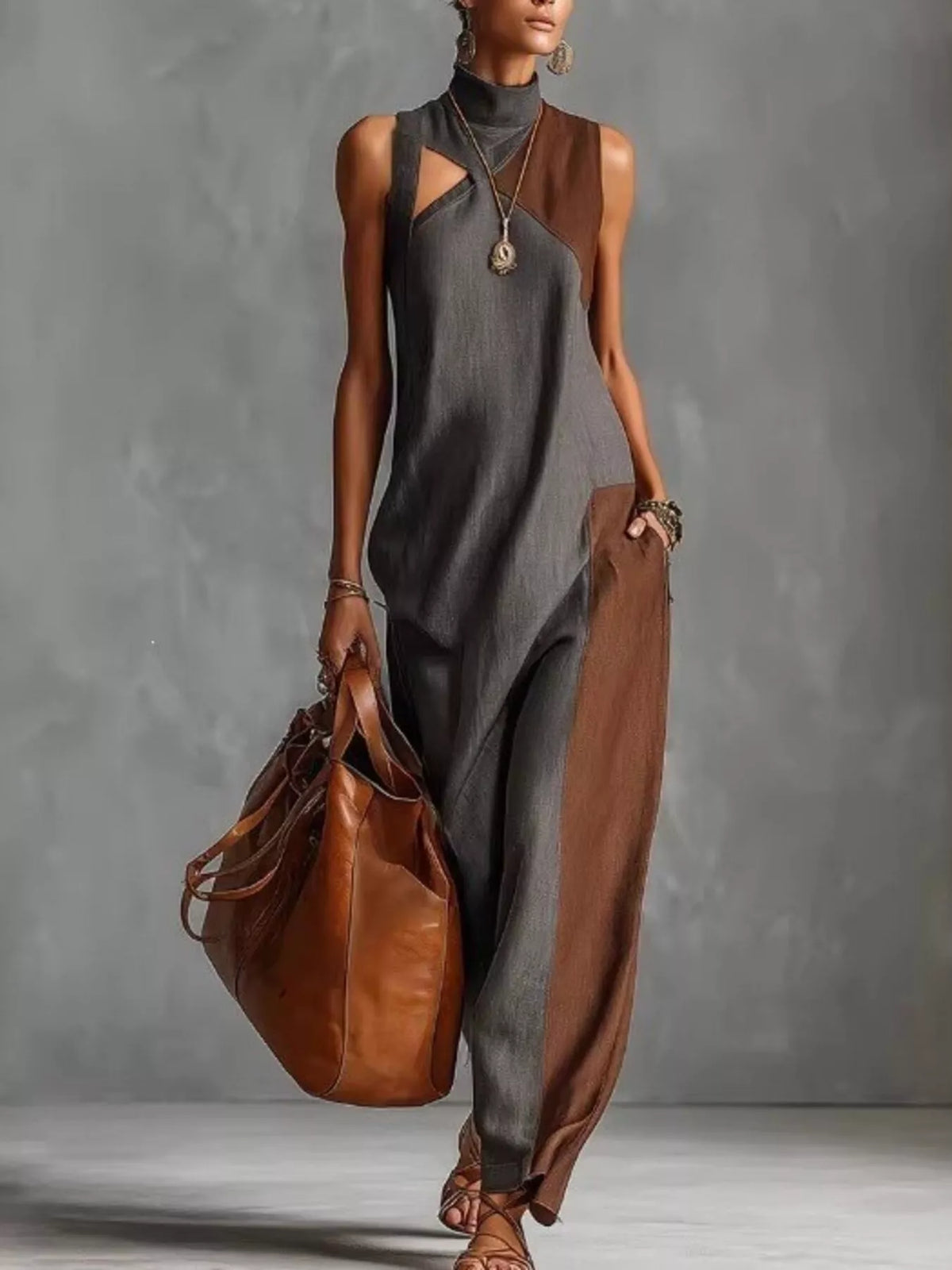 Color Block Mock Neck Sleeveless Maxi Dress
