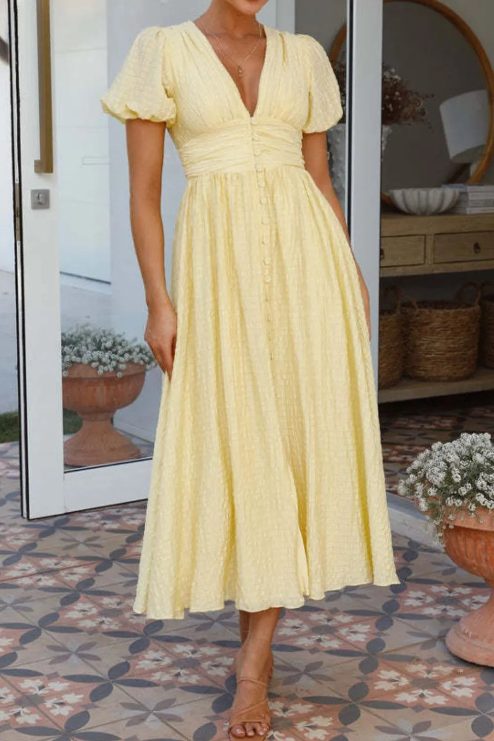 Smocked Puff-Sleeve V-Neck Midi Dress