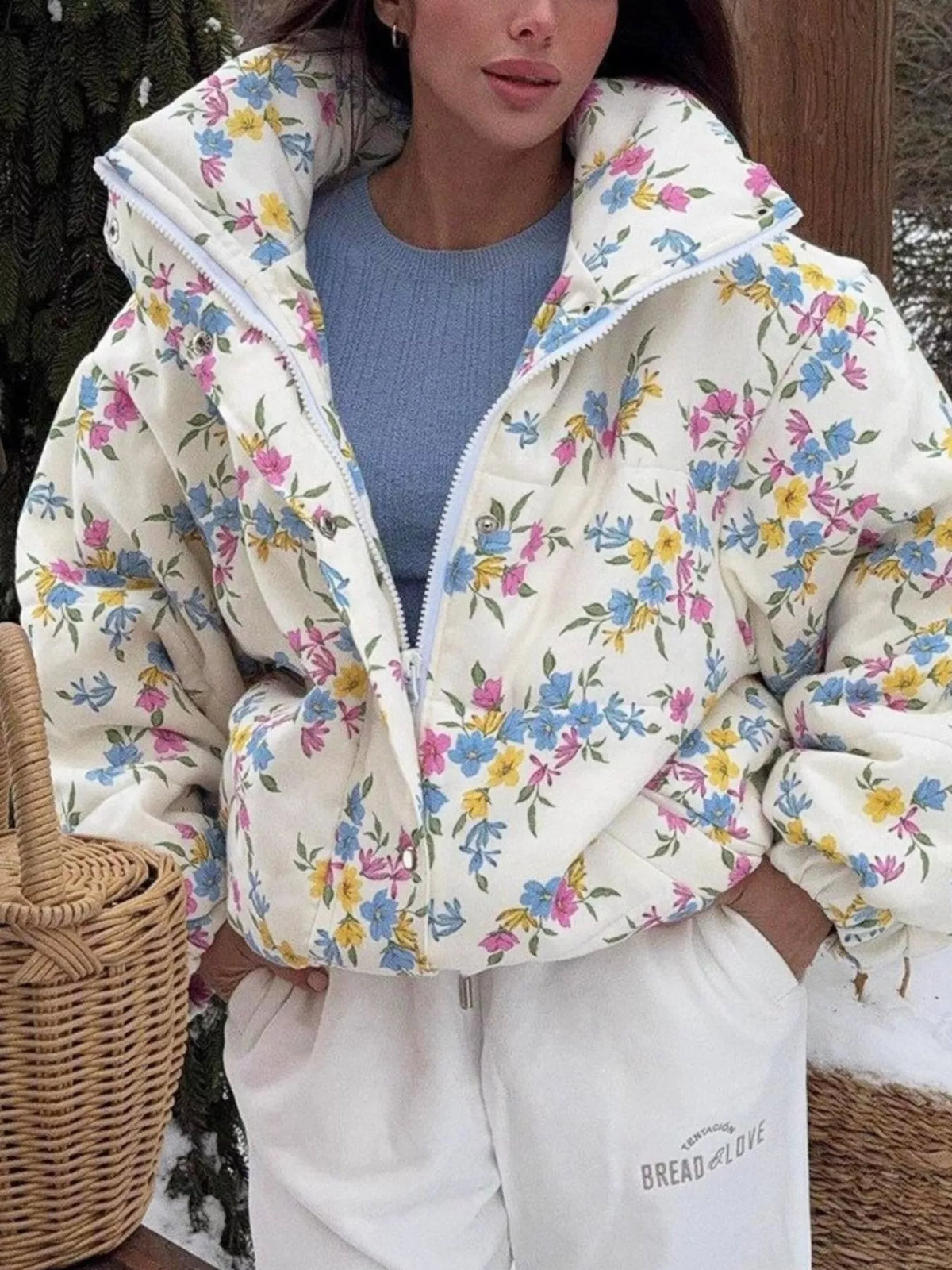 Floral Print Puffer Jacket in White by Prisca