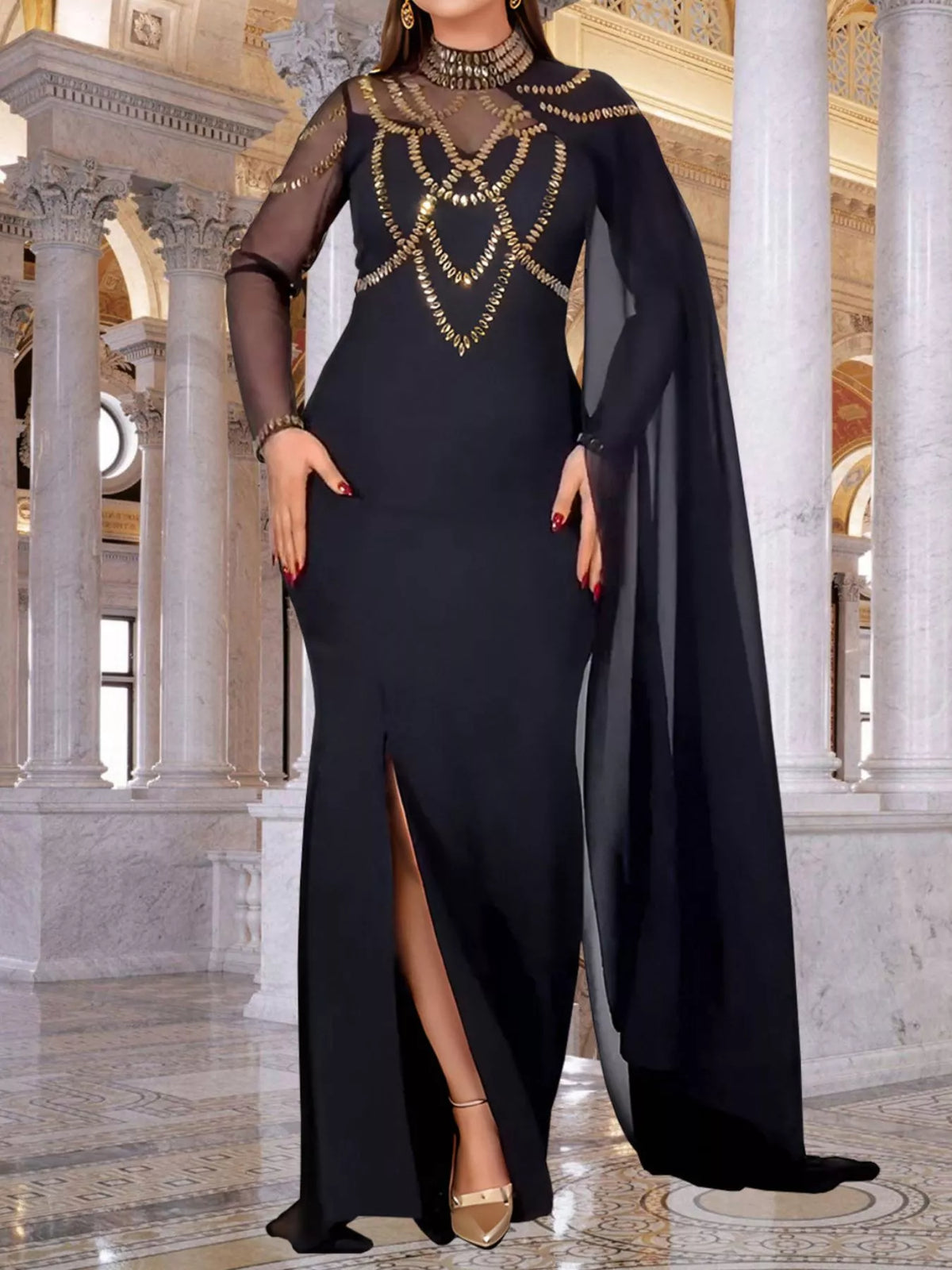 Rhinestone Cape Sleeve Maxi Dress
