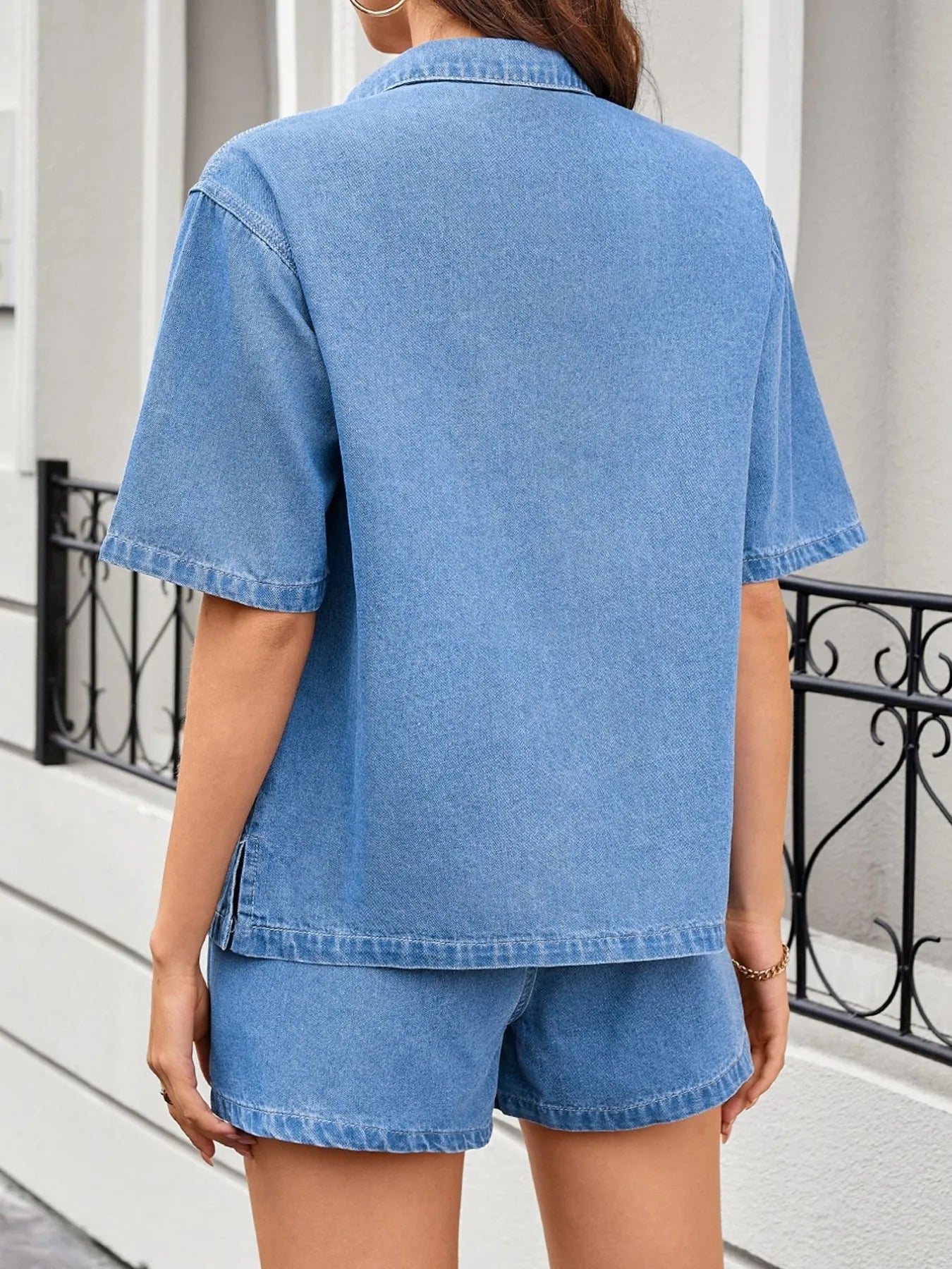 Drop Shoulder Denim Shirt & Shorts Set by Moni Wear