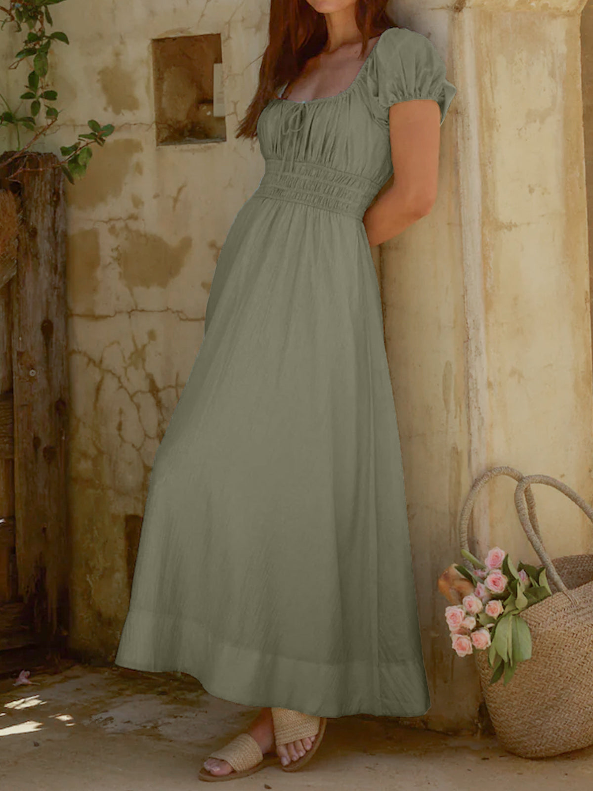 Smocked Waist Puff Sleeve Maxi Dress in Green