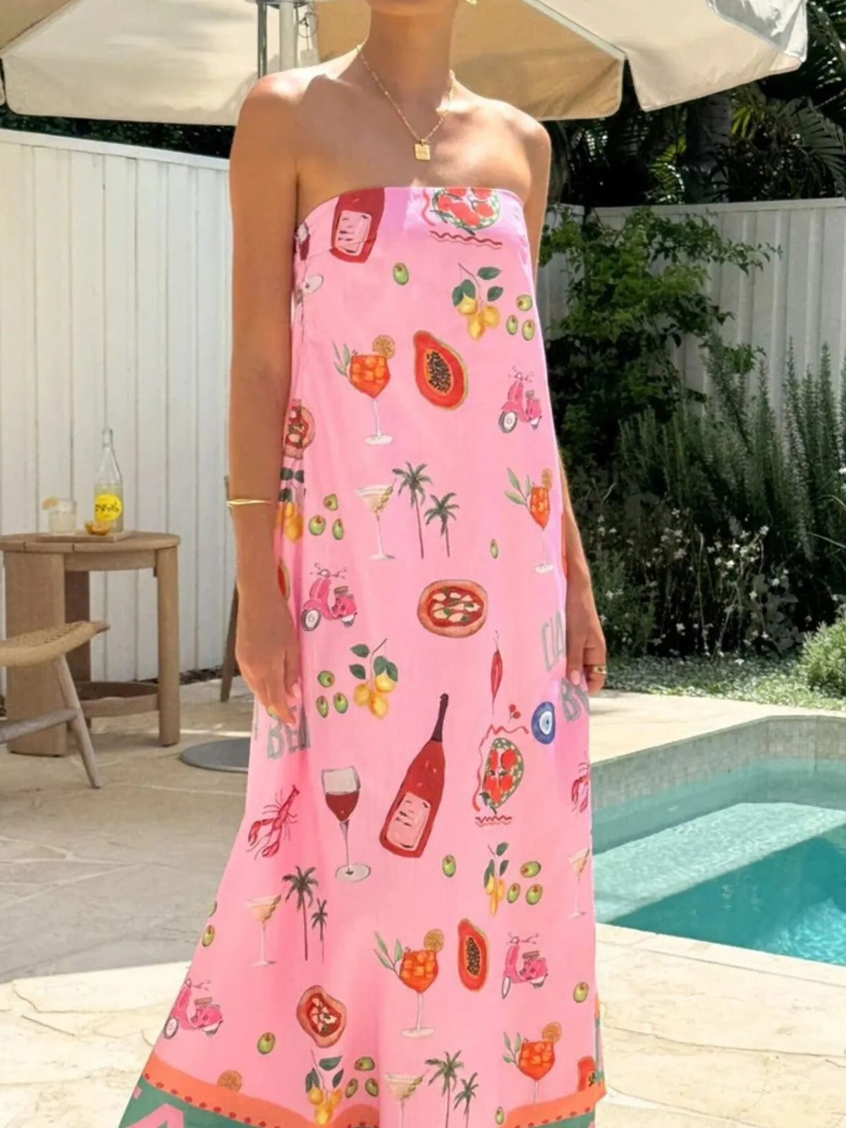 Printed Strapless Maxi Dress in Pink