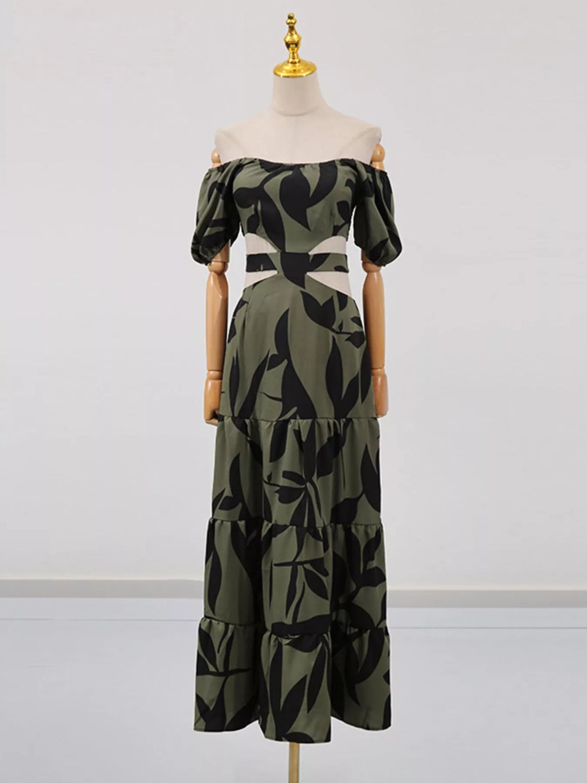 Off-Shoulder Cutout Leaf Print Maxi Dress