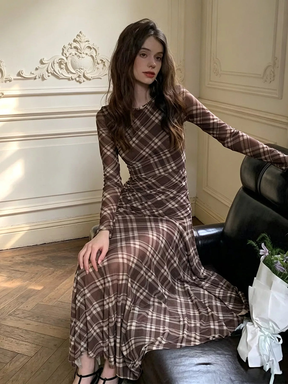 Plaid Slim-Fit Maxi Dress in Brown