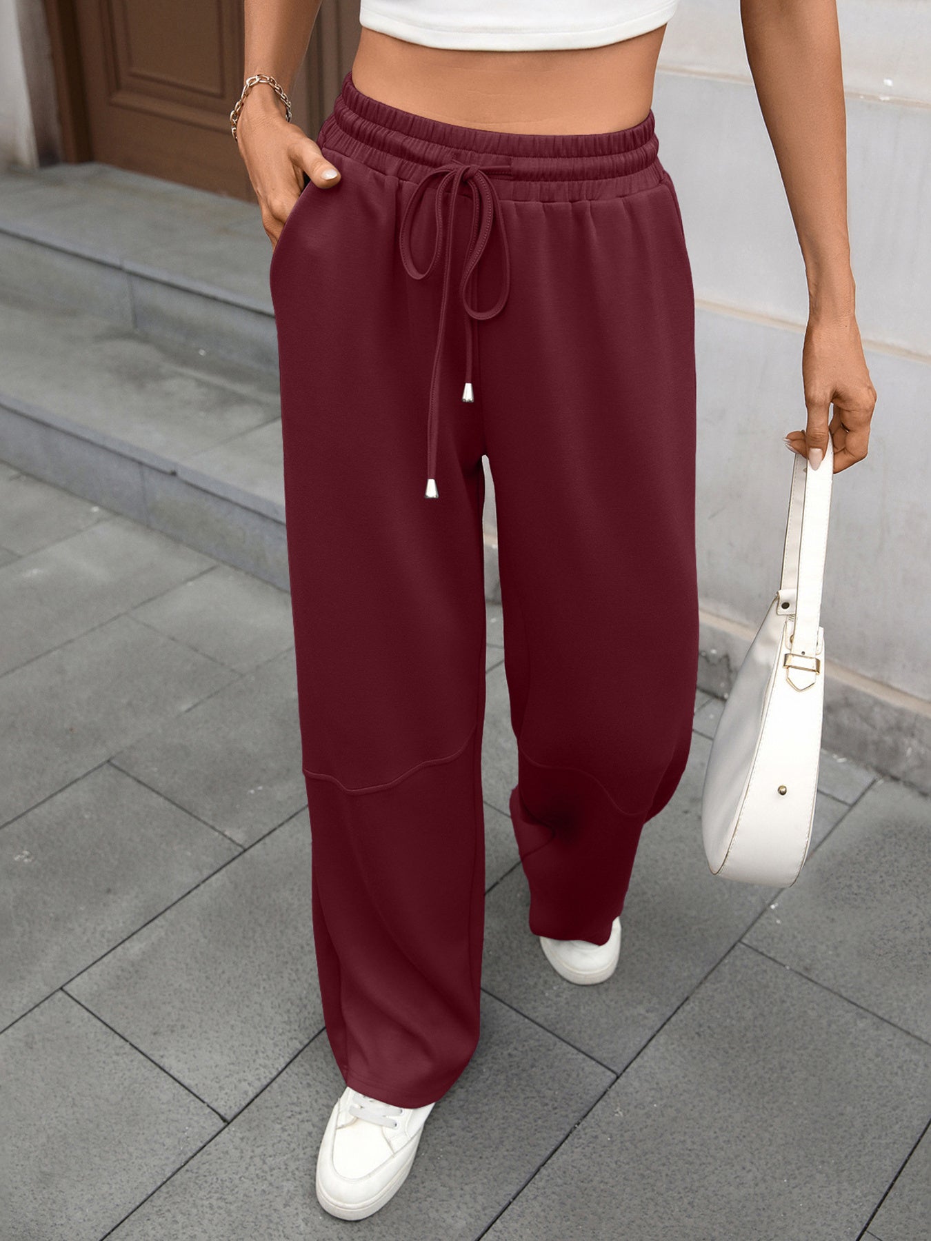 Drawstring High-Waist Wide-Leg Pants
