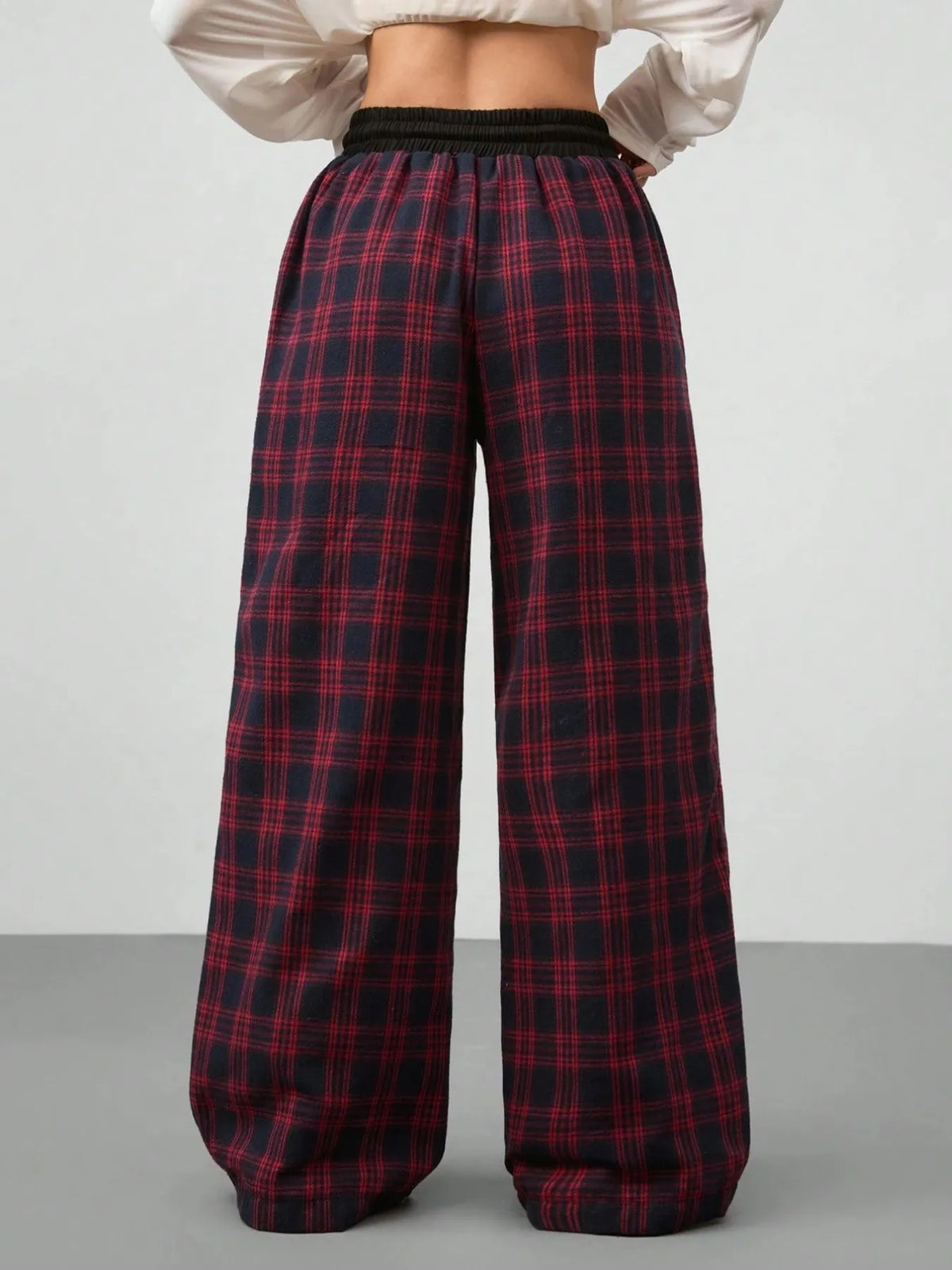 Plaid Wide-Leg Drawstring Pants in Scarlet