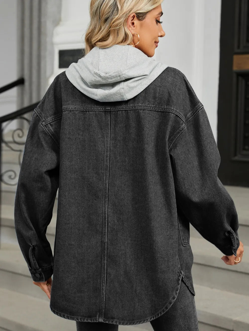 Removable Hood Button-Up Denim Jacket by Manny