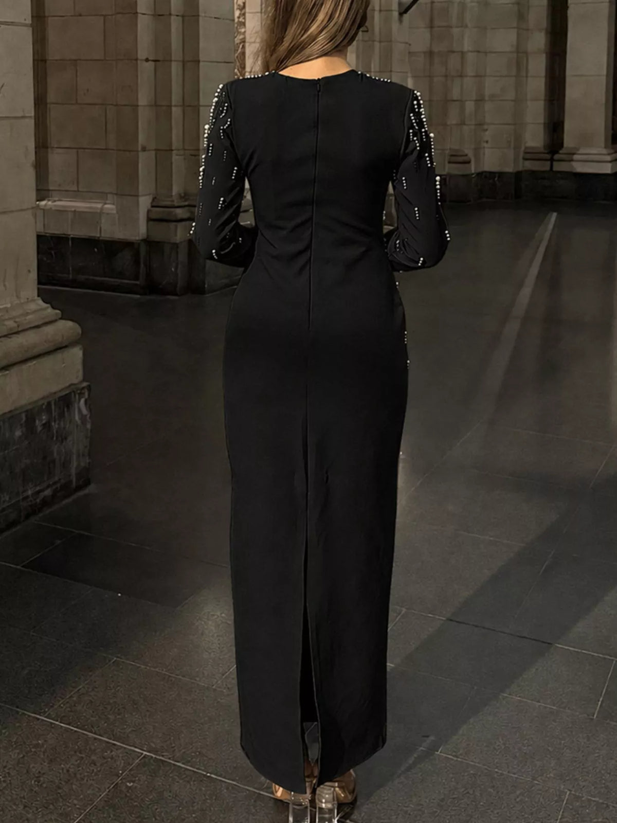 Pearl Detail Long Sleeve Maxi Dress in Black