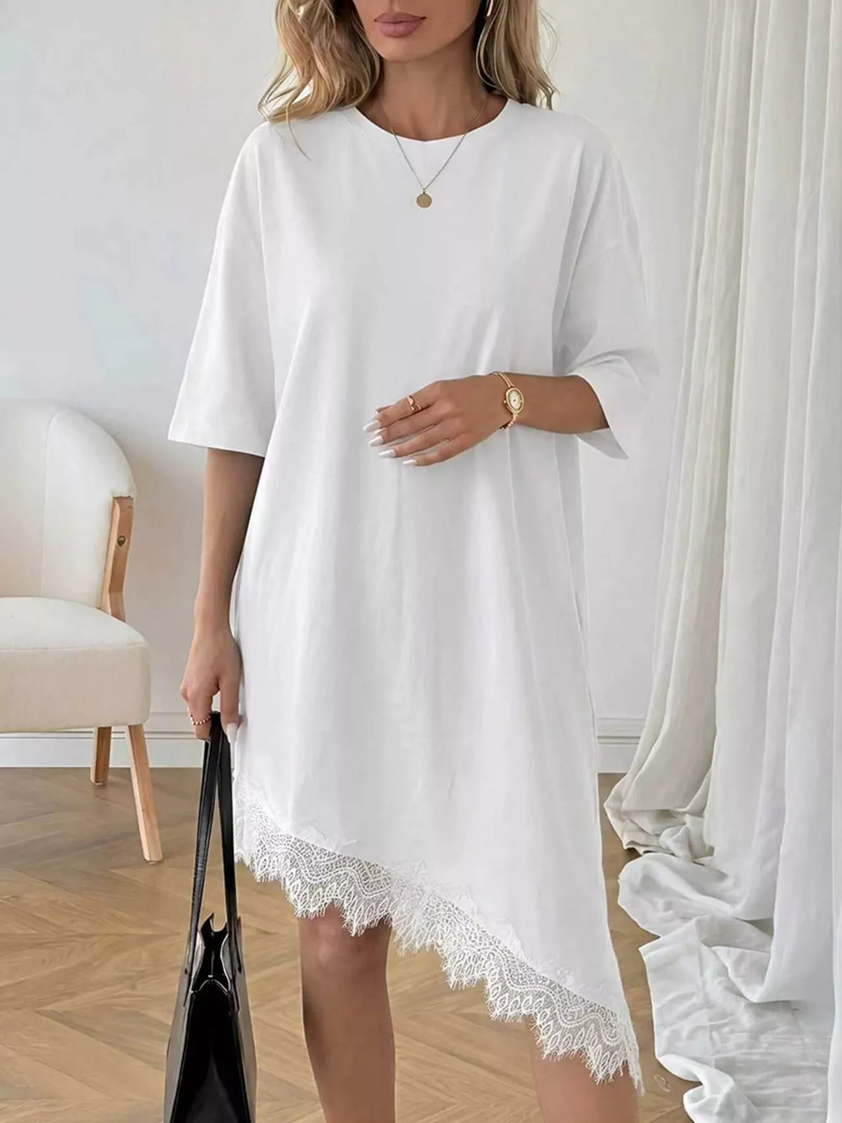 Asymmetrical Hem T-Shirt Dress with Lace Trim