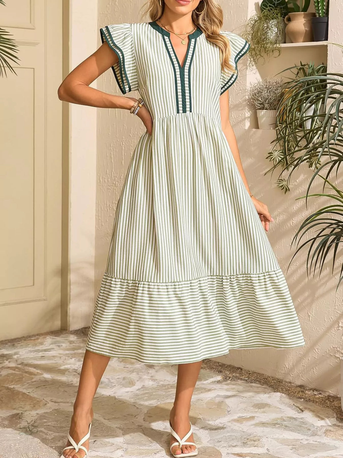 Striped Ruffle Sleeve Midi Dress with Pockets