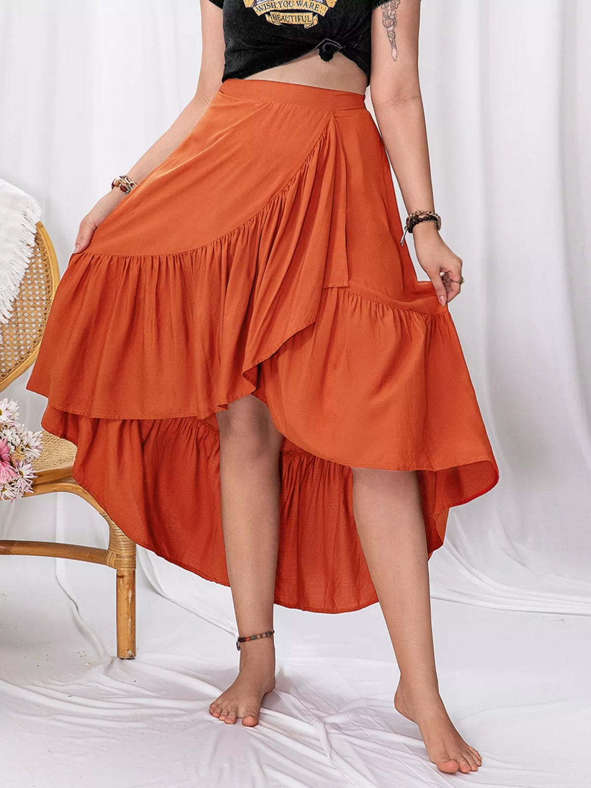 Orange Plus Size Ruffled High-Low Skirt
