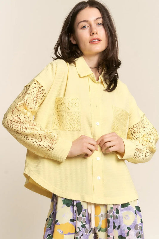 Lace Detail Waffle Shirt in Yellow by J.NNA