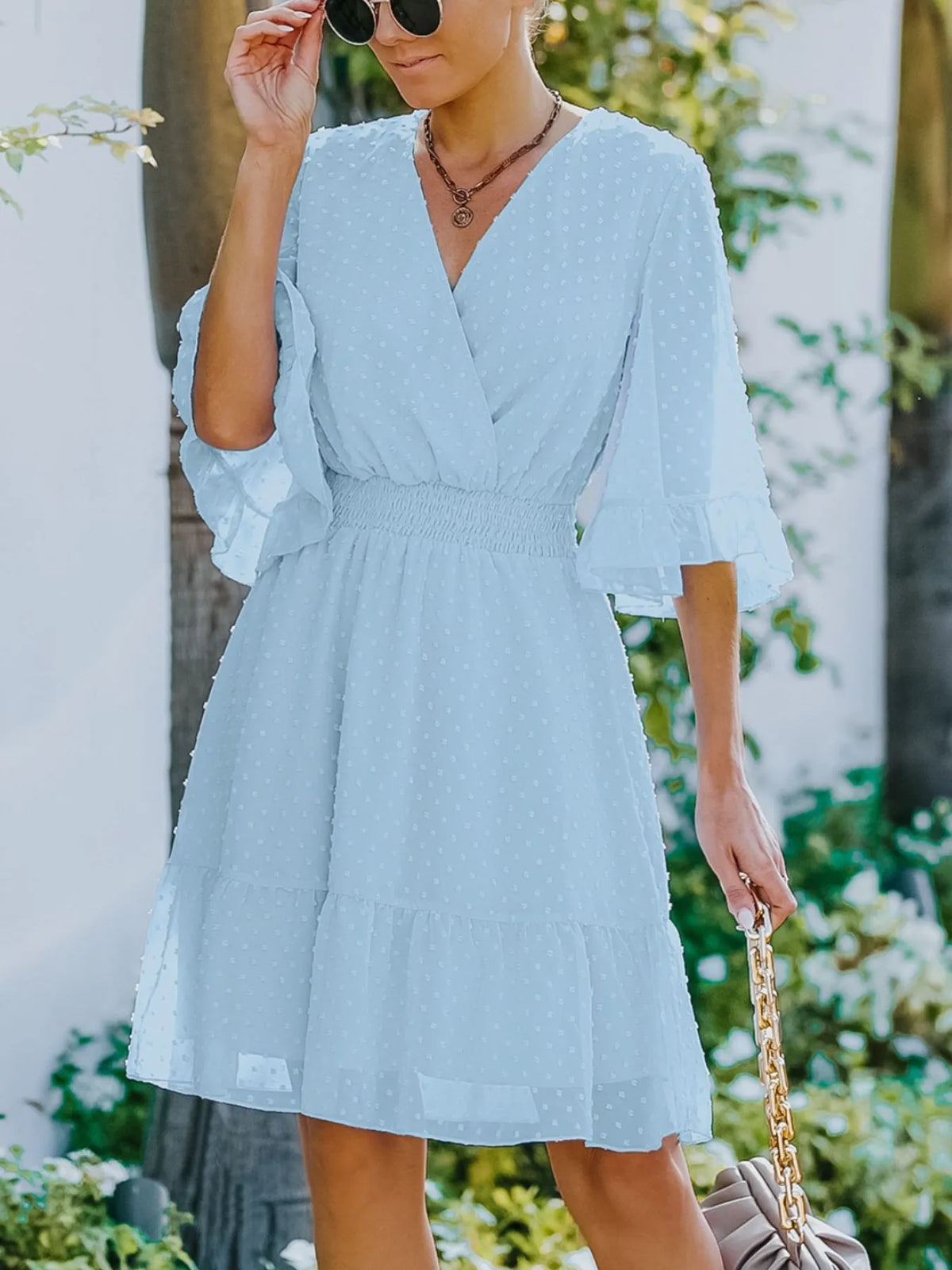 Swiss Dot Flare Sleeve Wrap Dress in Light Blue by Elaine