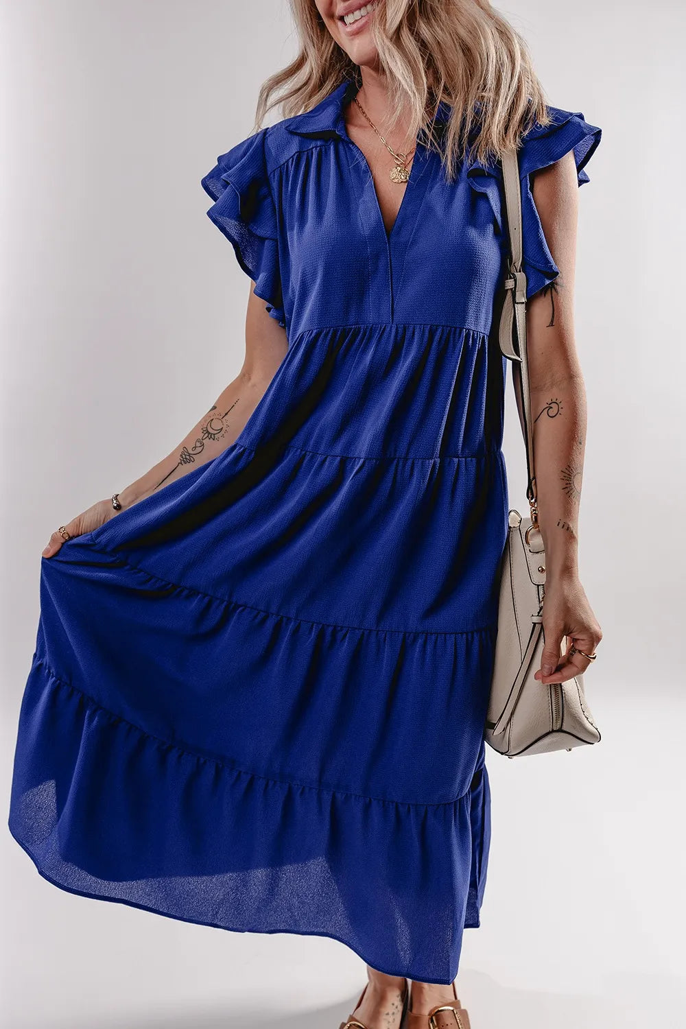 Ruffled Collared Tiered Midi Dress in Light Indigo
