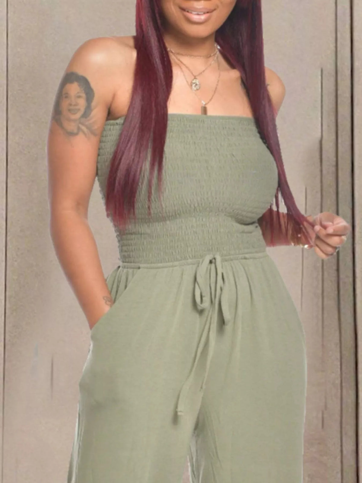 Smocked Strapless Wide-Leg Jumpsuit