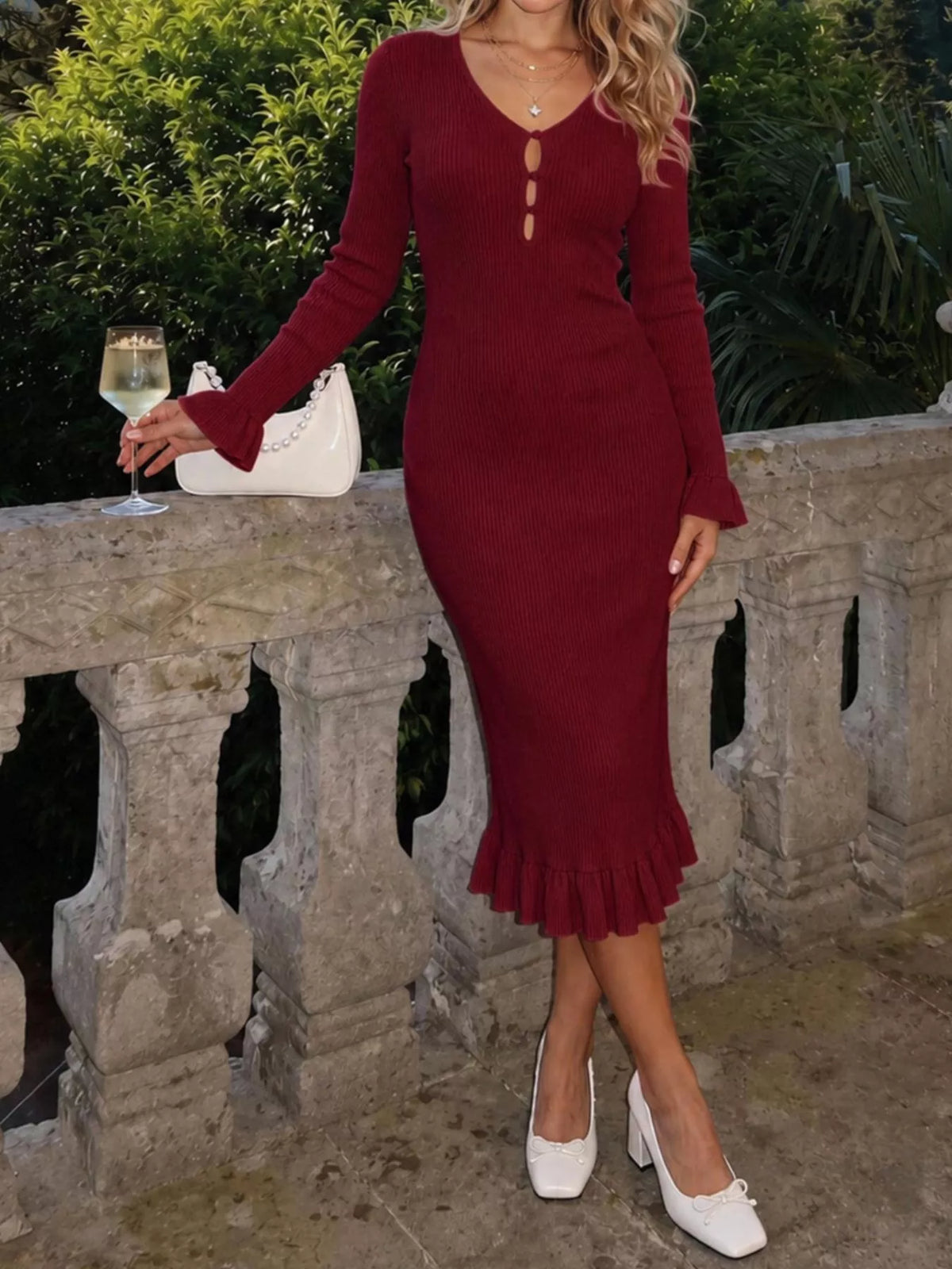 Ruffled Hem Ribbed Knit Dress in Burgundy