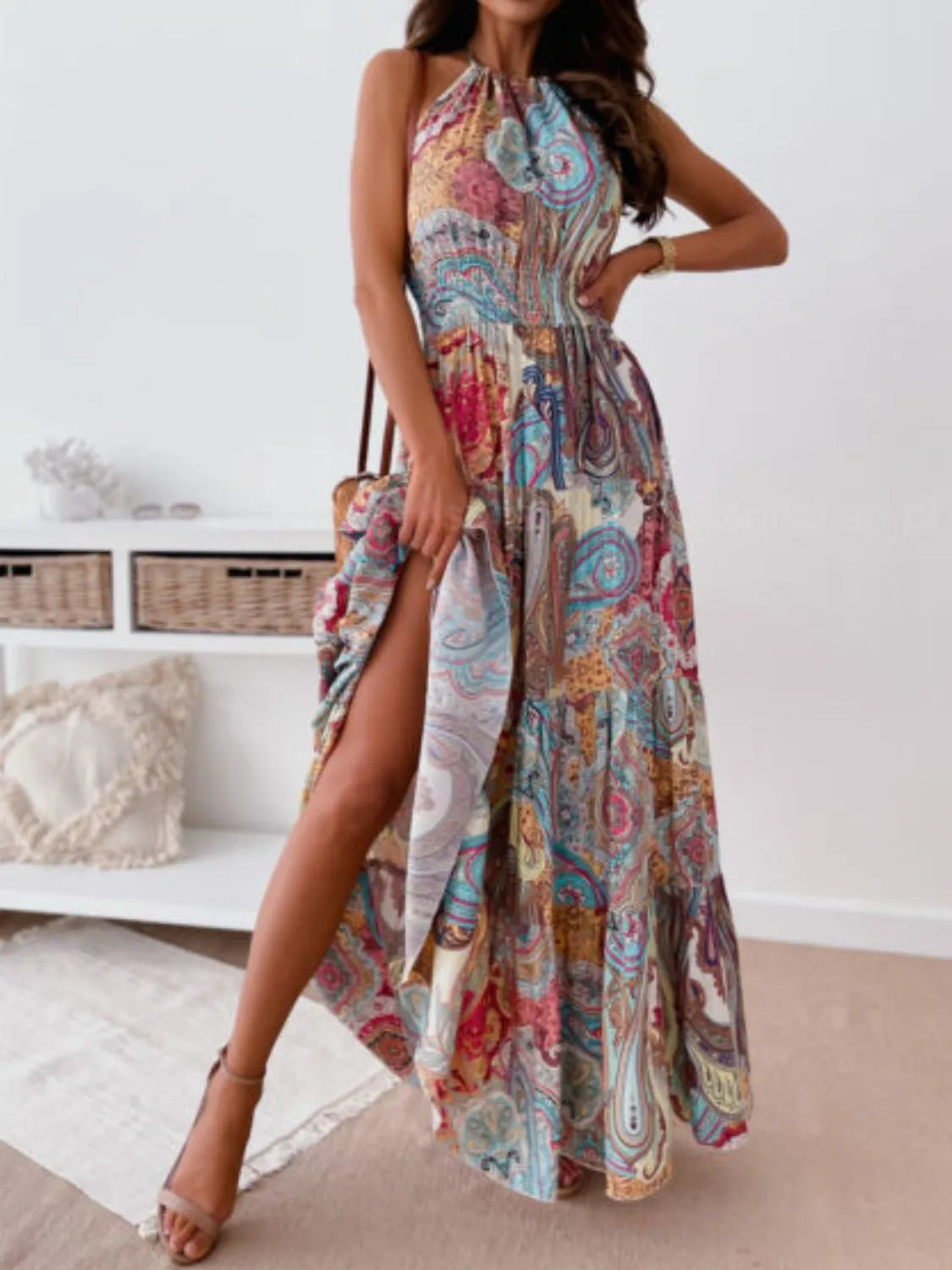 Halter Neck Tiered Maxi Dress in Red Flower