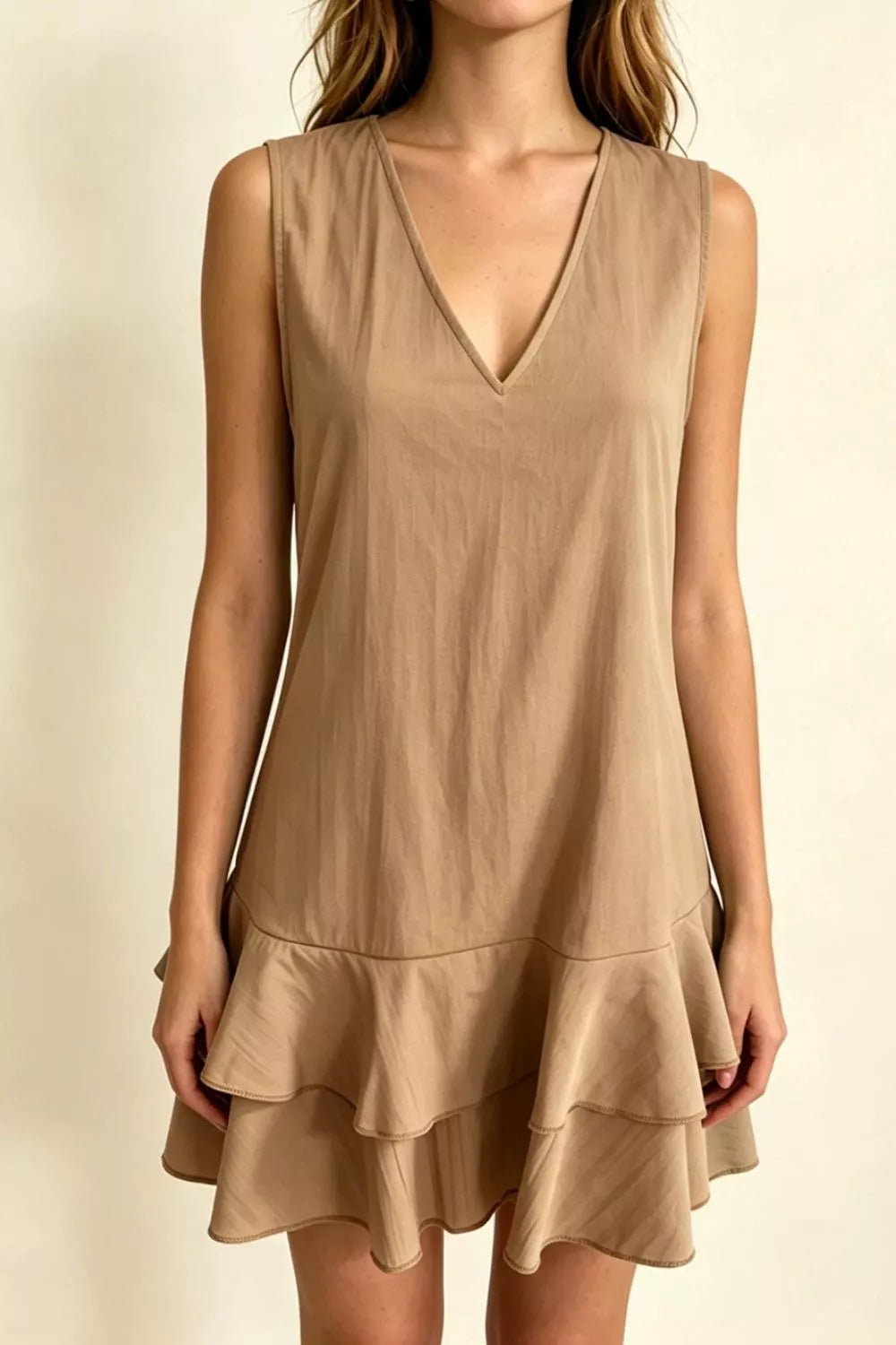 Sleeveless V-Neck Ruffle Hem Mini Dress in Beige
