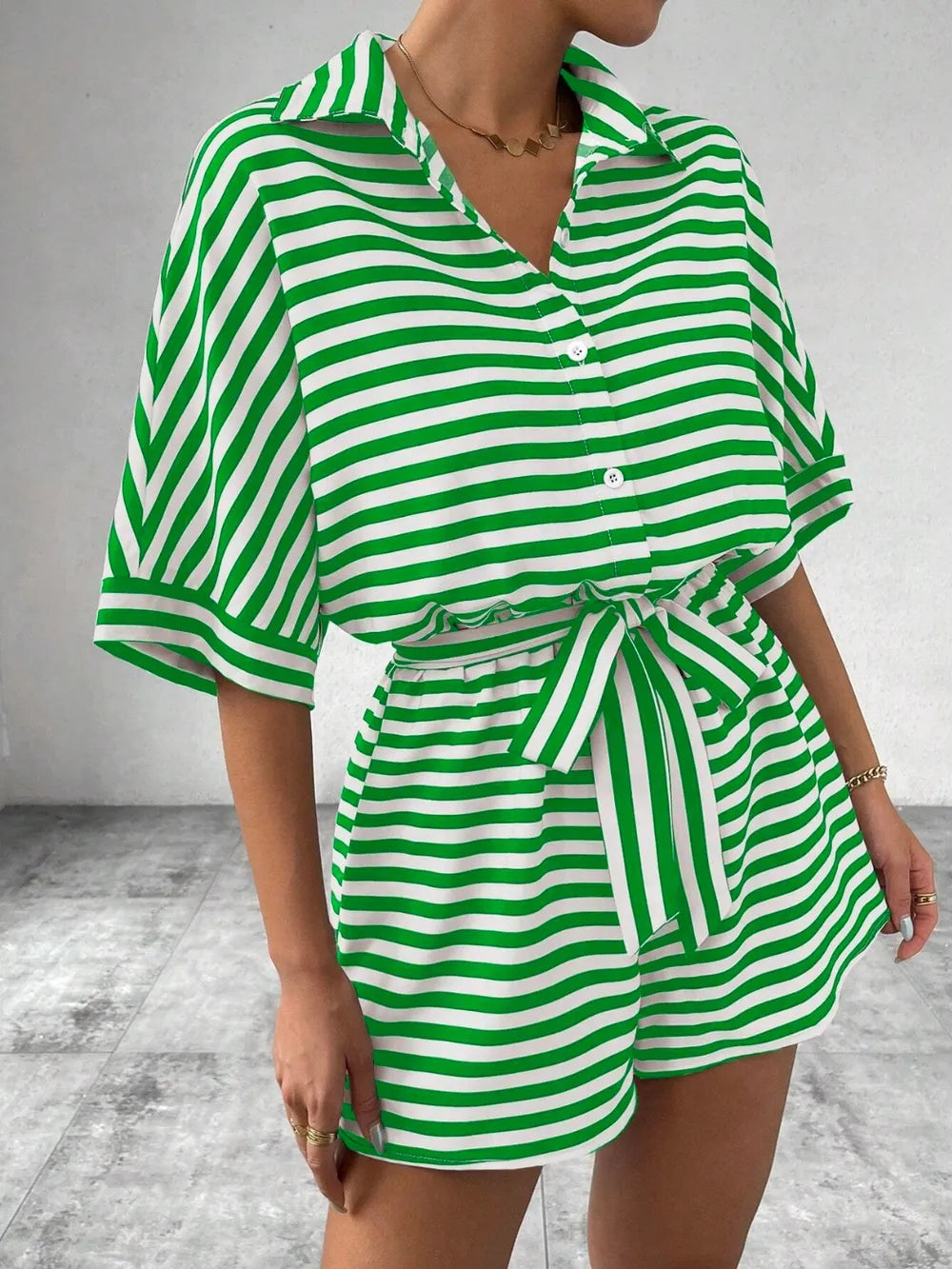 Half-Button Tie Waist Striped Romper