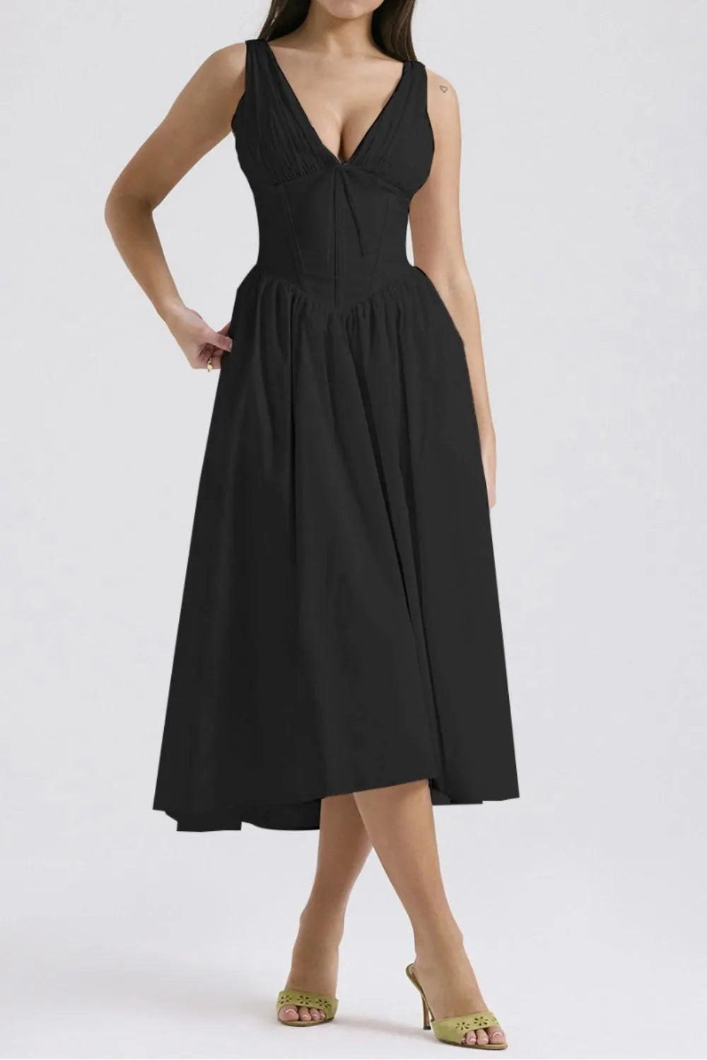 Ruched V-Neck Sleeveless Dress with Pockets