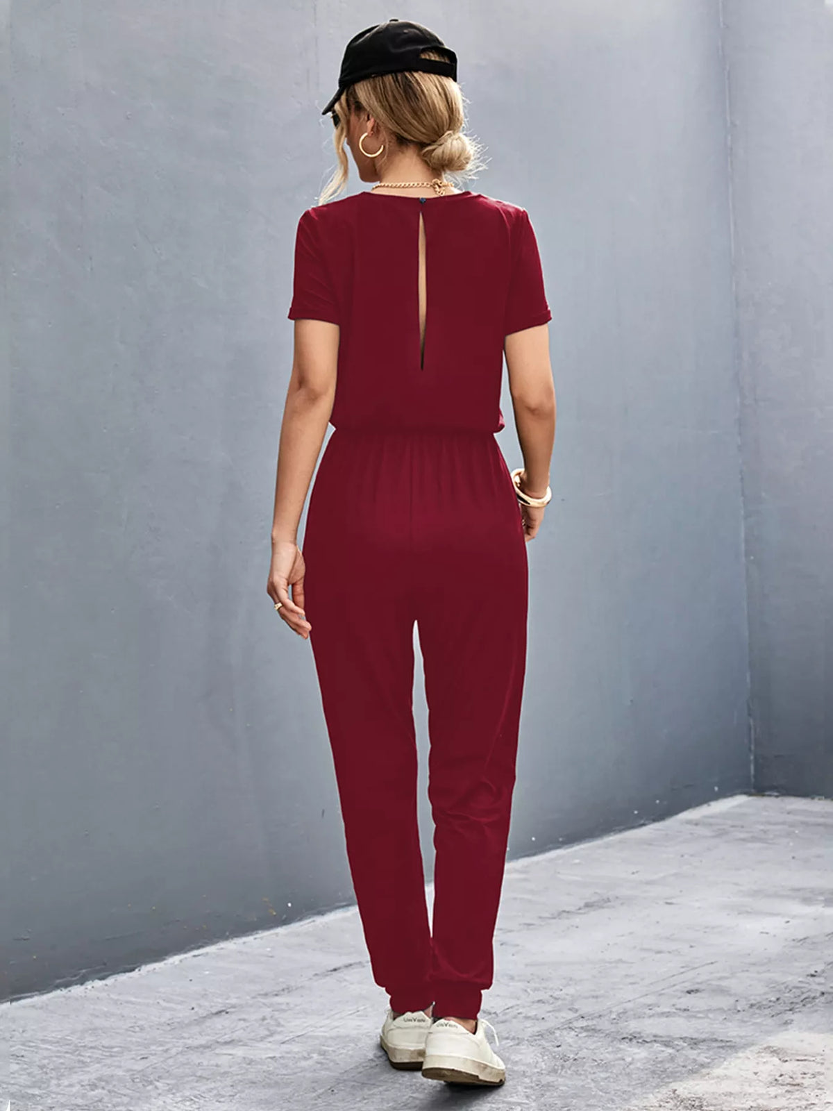 V-Neck Drawstring Waist Jumpsuit in Burgundy