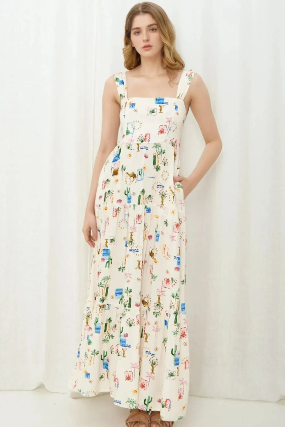 Printed Square Neck Wide Strap Maxi Dress by Shenori