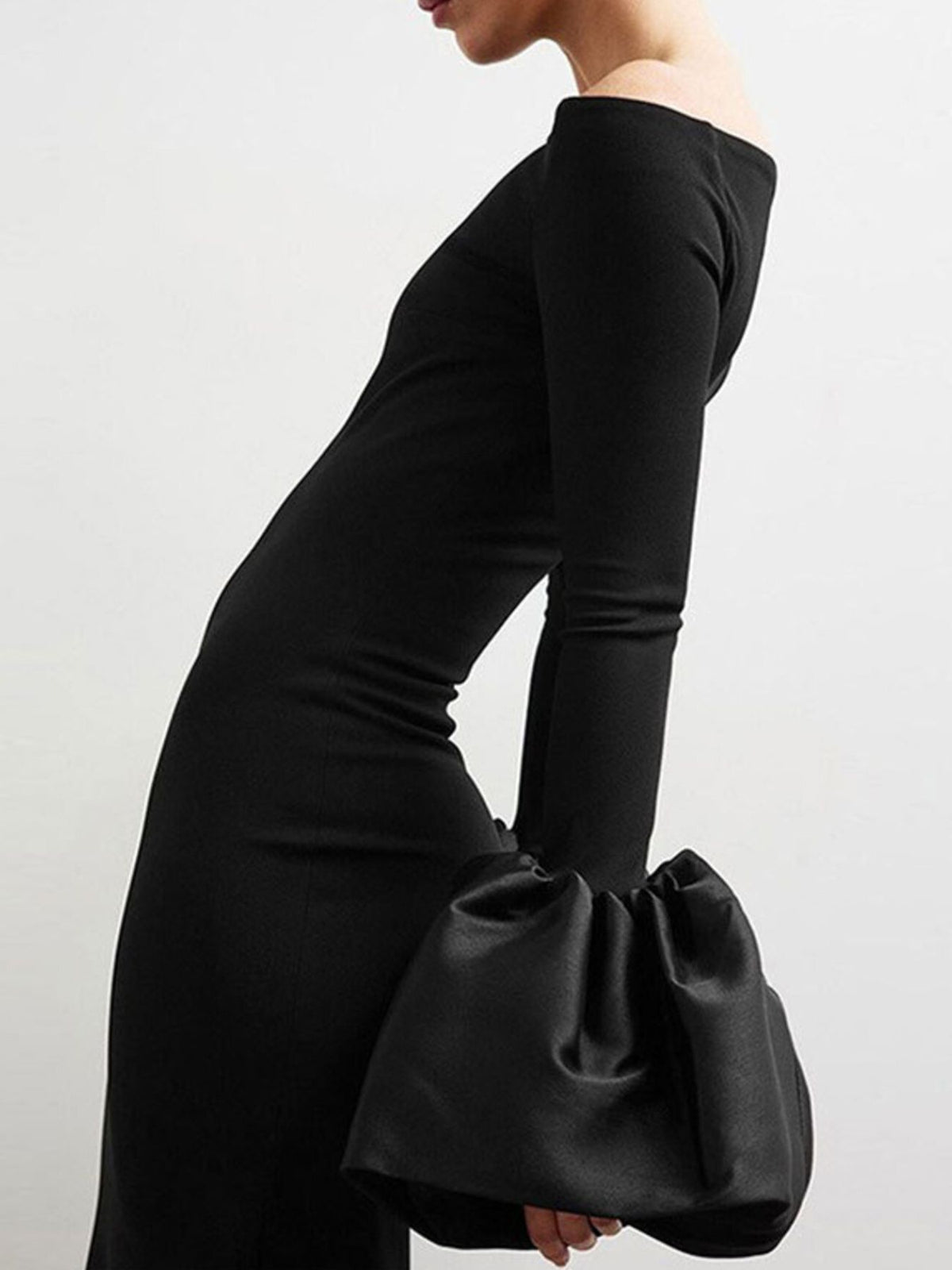 Off-Shoulder Flounce Sleeve Maxi Dress in Black