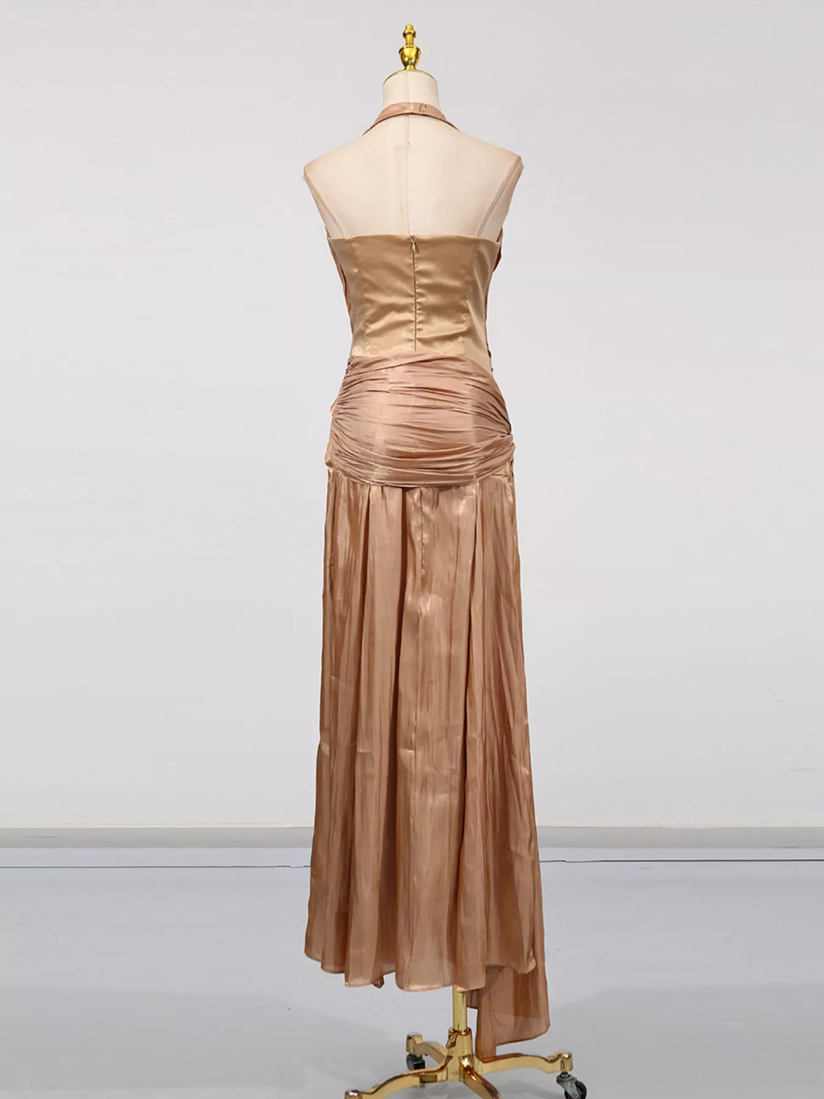 Ruched Halter Maxi Dress in Champagne
