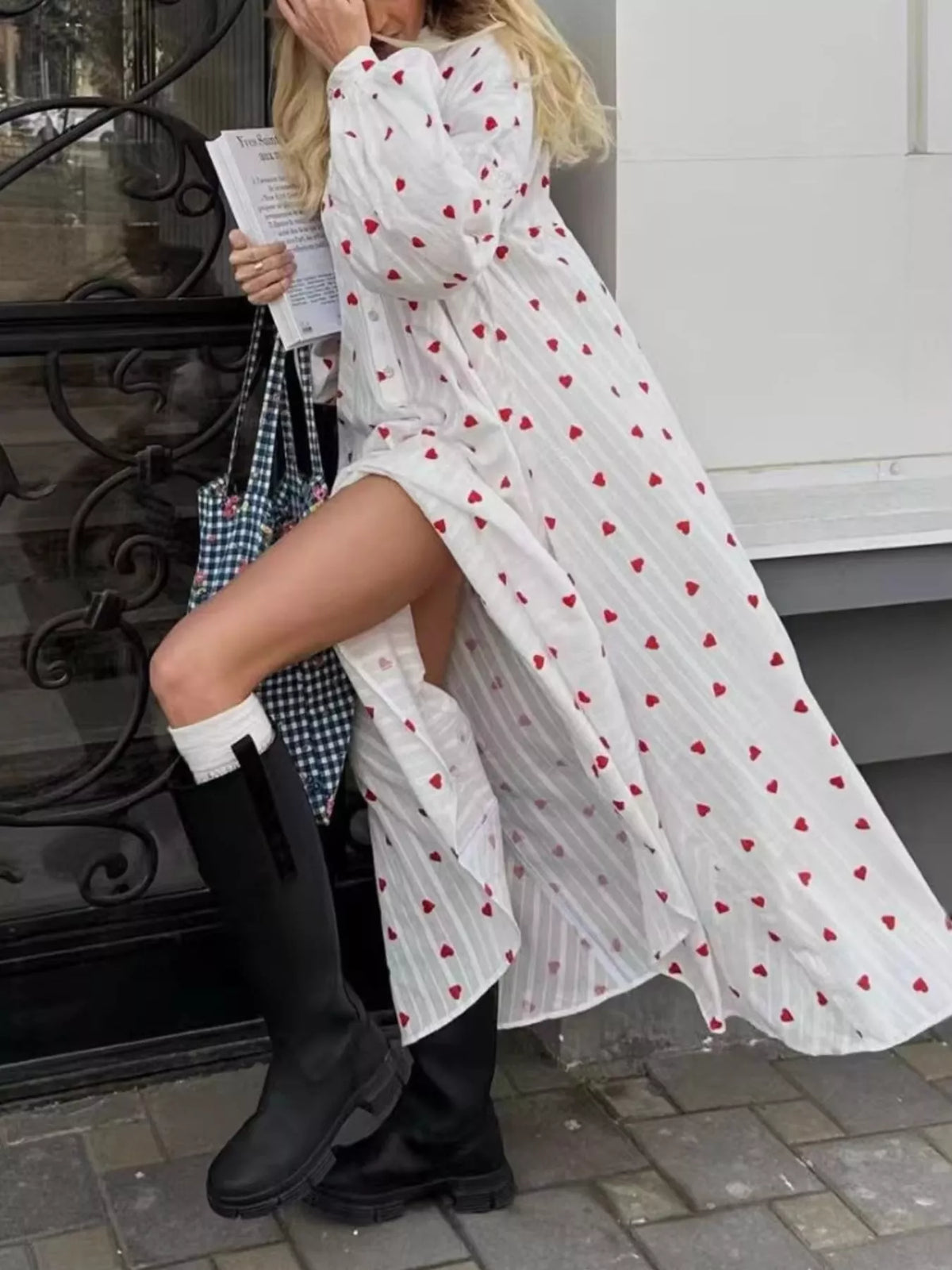 Heart Print Puff Sleeve Maxi Dress in White
