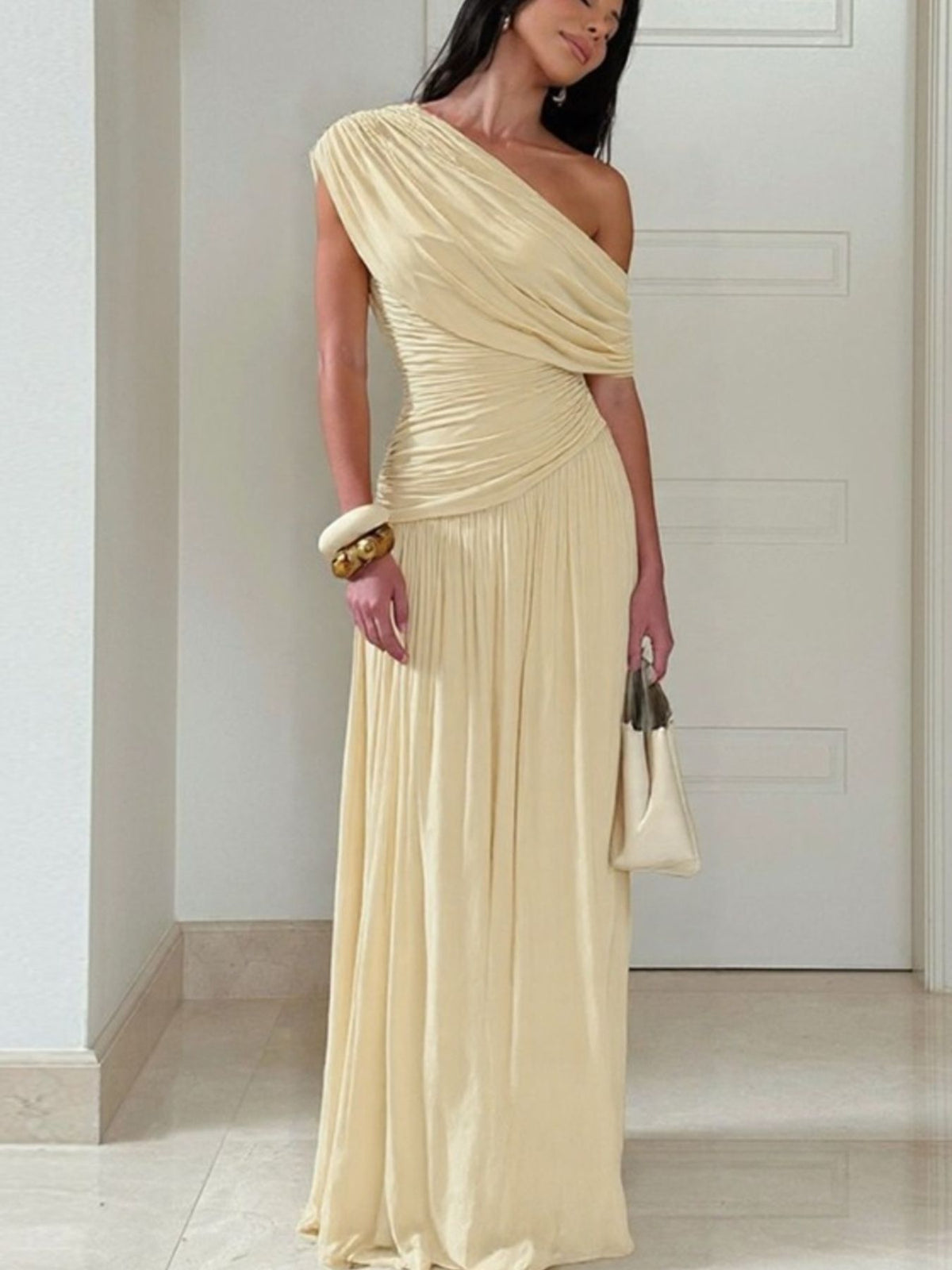 One-Shoulder Ruched Maxi Dress in Beige