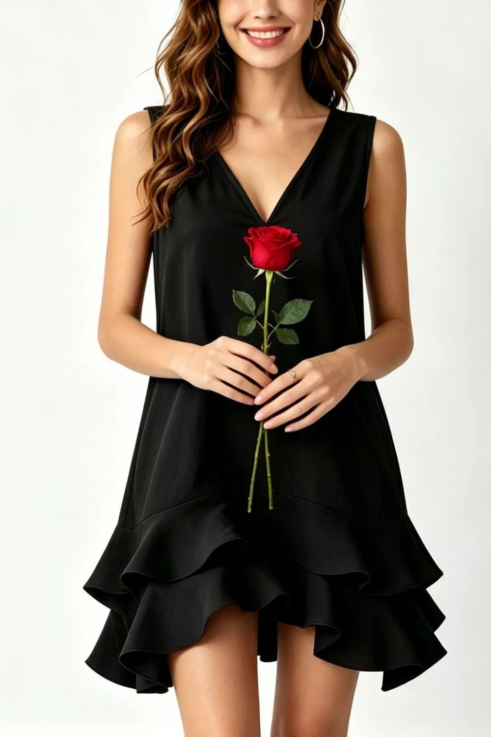 Sleeveless V-Neck Ruffle Hem Mini Dress in Taupe