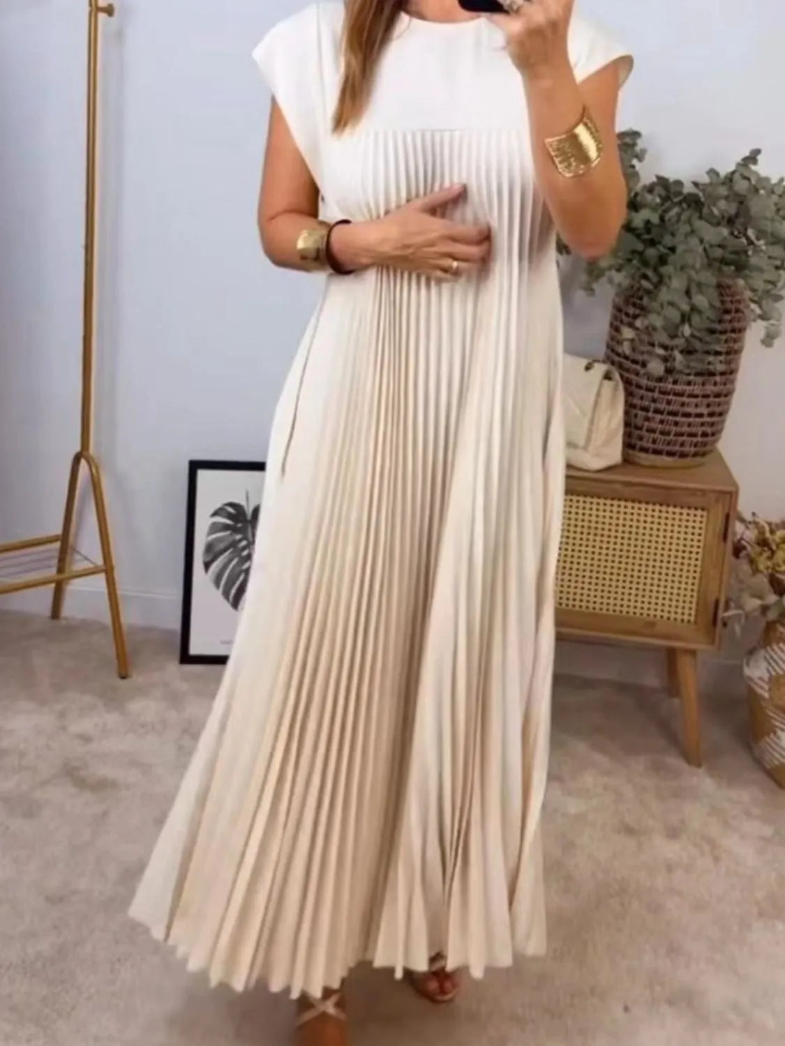 Pleated Round Neck Maxi Dress in Cream