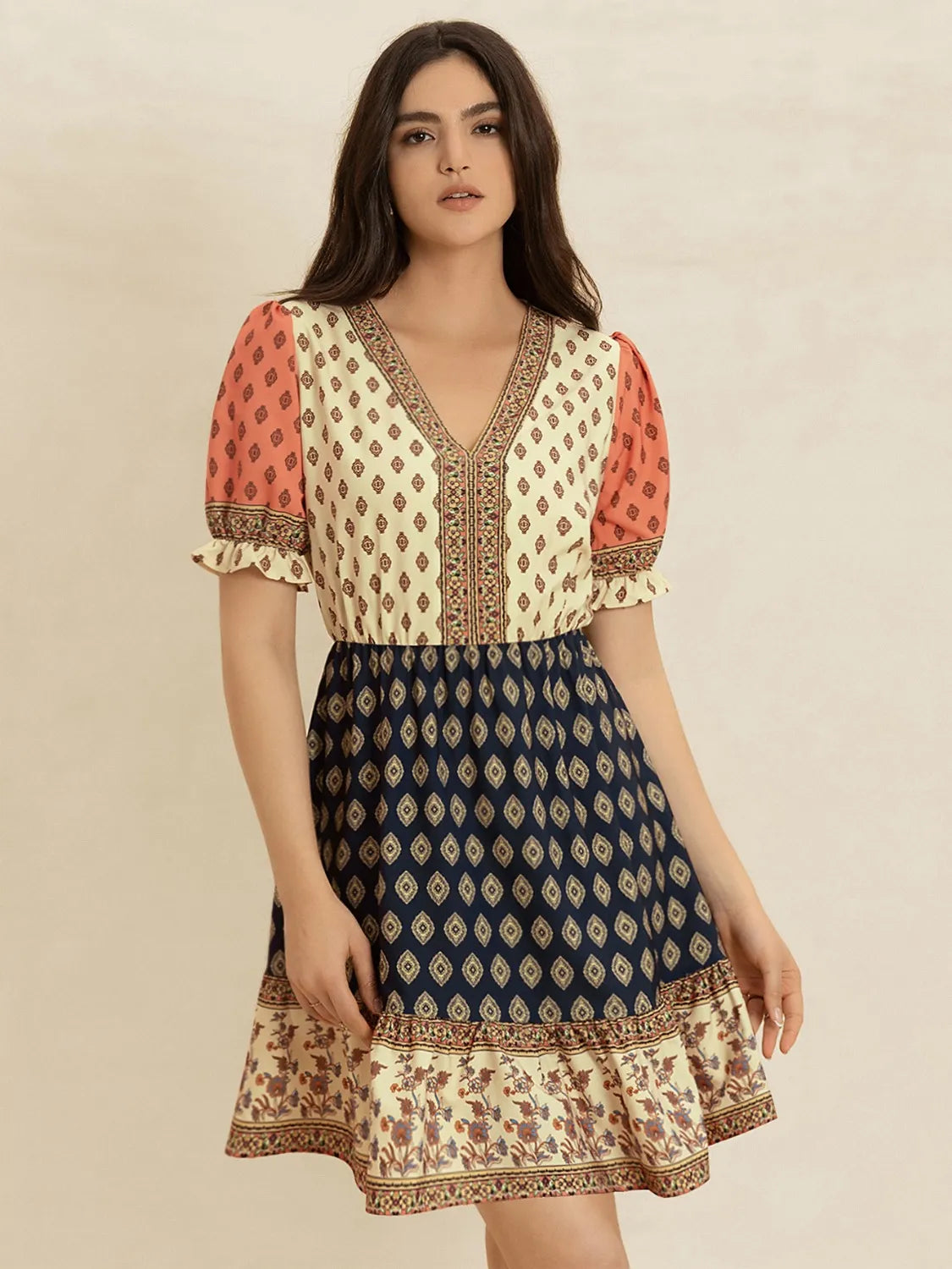Printed V-Neck Ruched Dress in Tan