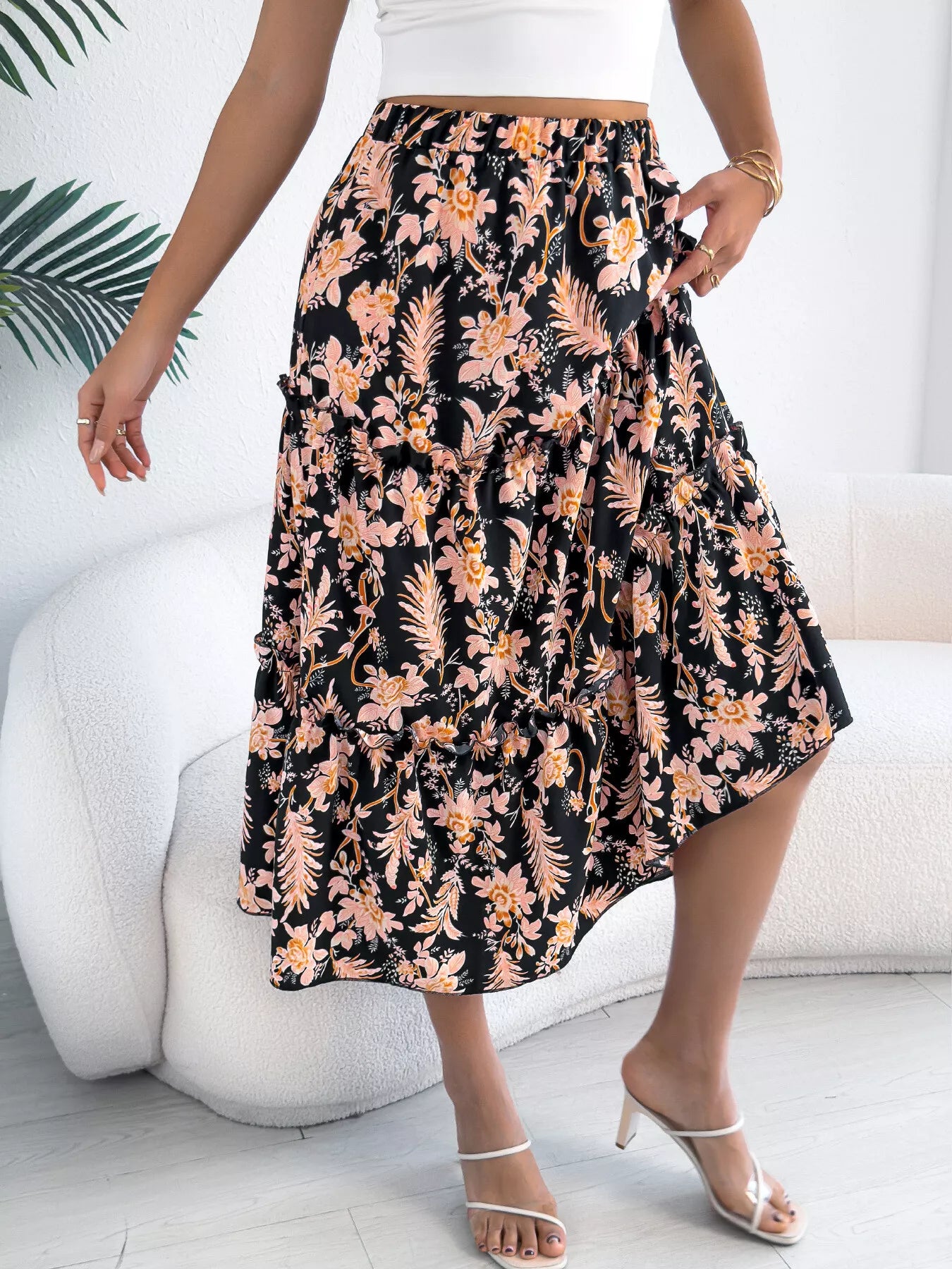 Floral Ruffle Hem Flowy Midi Skirt