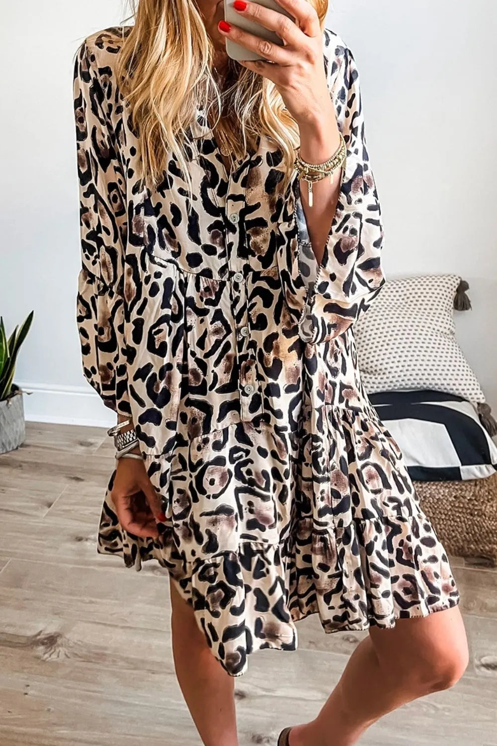 Leopard Print Buttoned Tiered Ruffle Dress