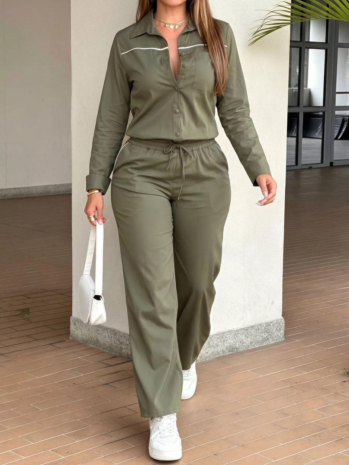 Button Front Drawstring Waist Jumpsuit in Army Green