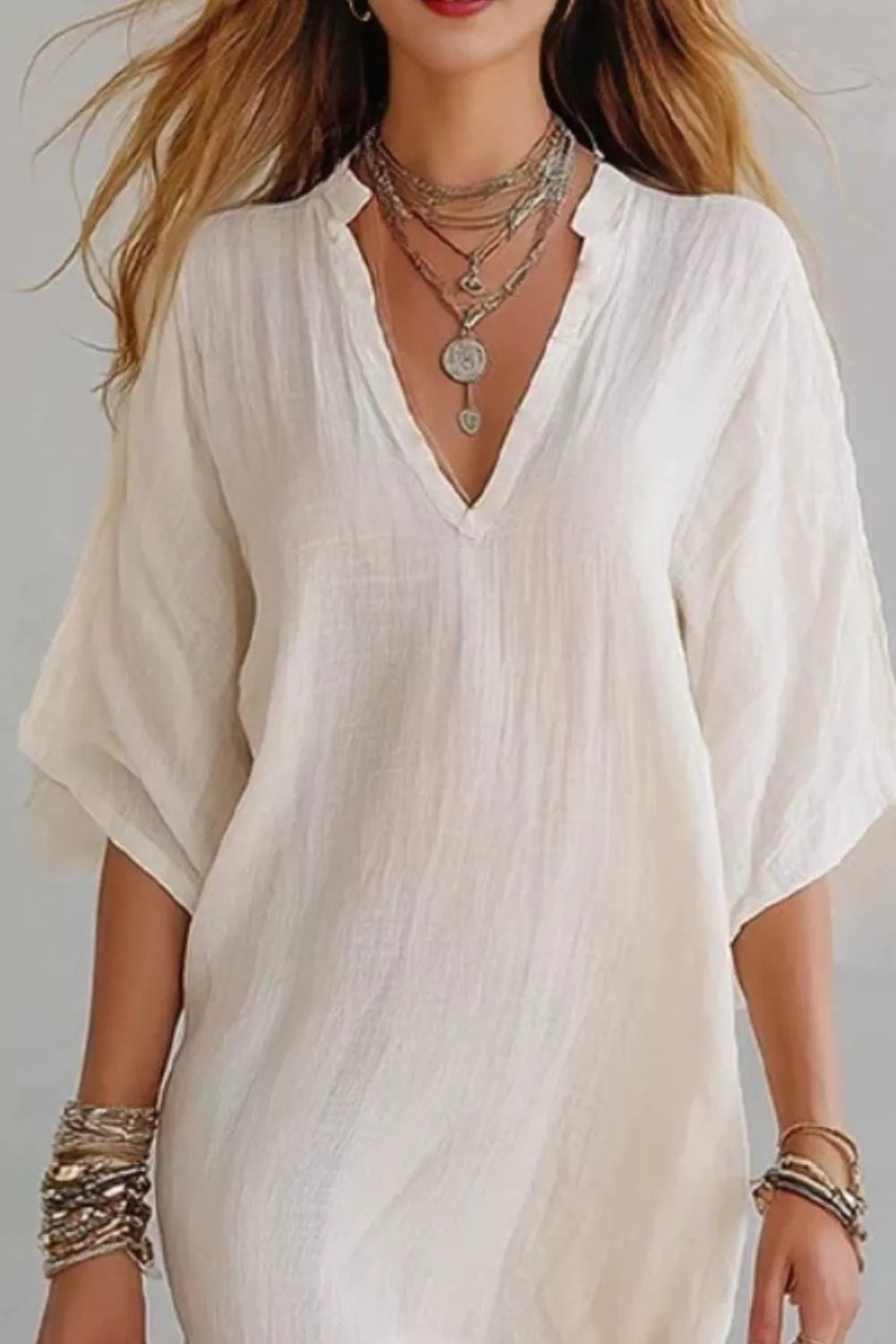 Notched Half Sleeve Mini Dress in Ivory