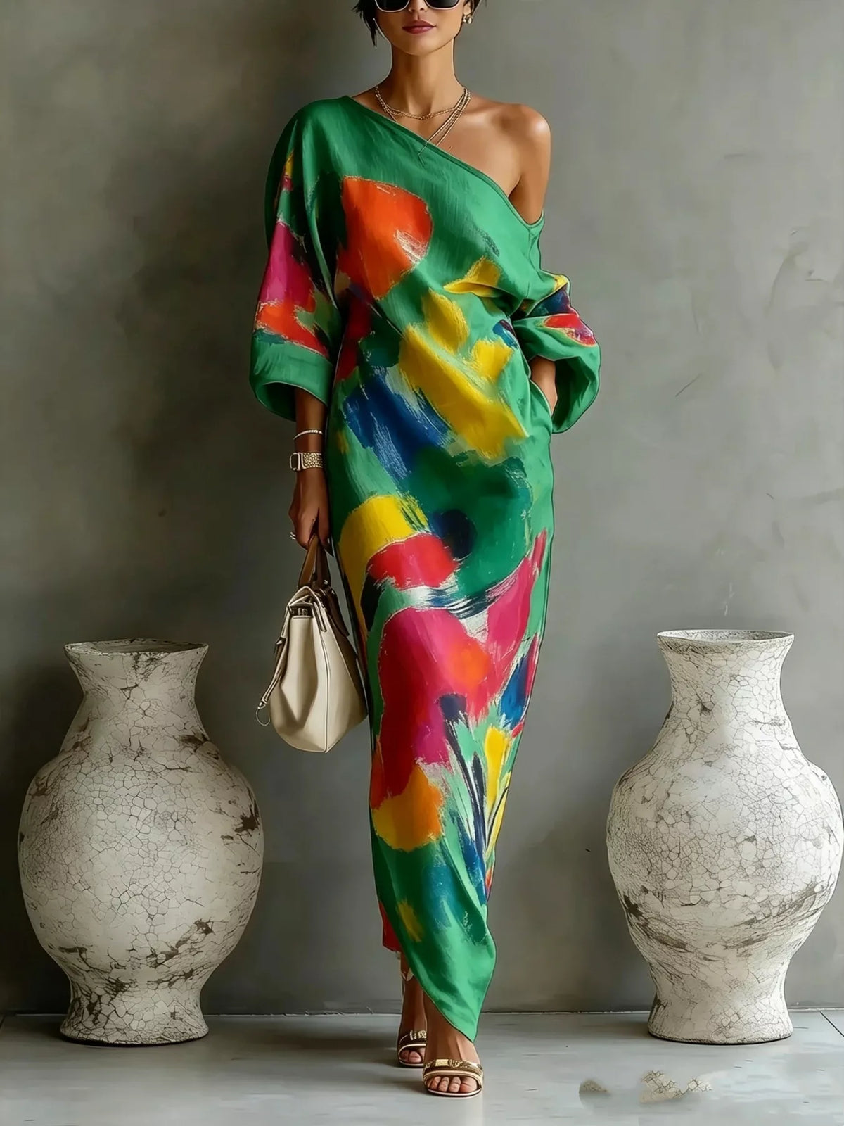 One-Shoulder Abstract Print Maxi Dress by Kaelinne