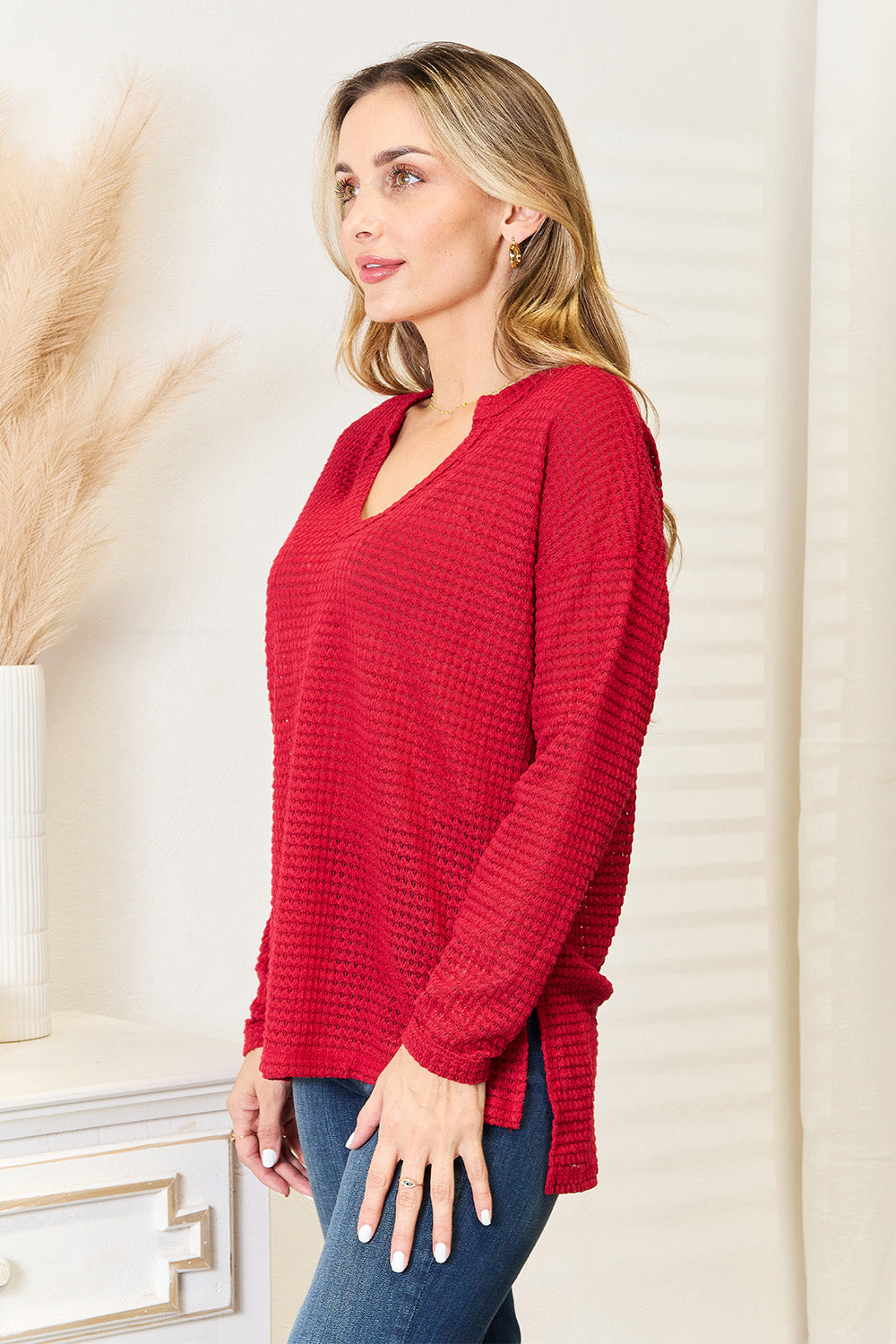 Culture Code Wide Notch Waffle Knit Top in Red