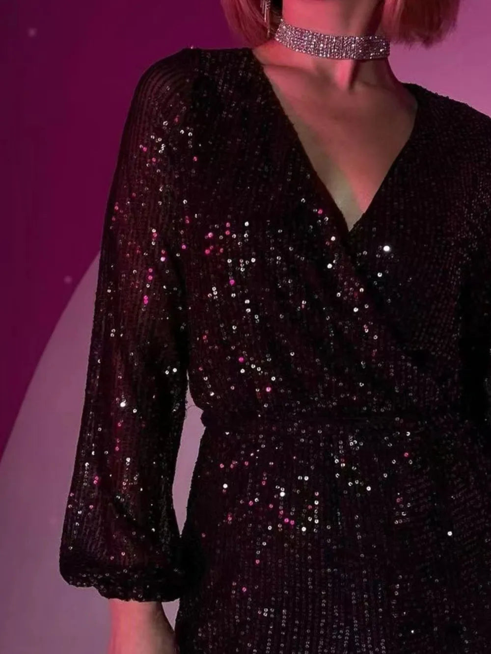 Sequin Surplice Tie Waist Romper