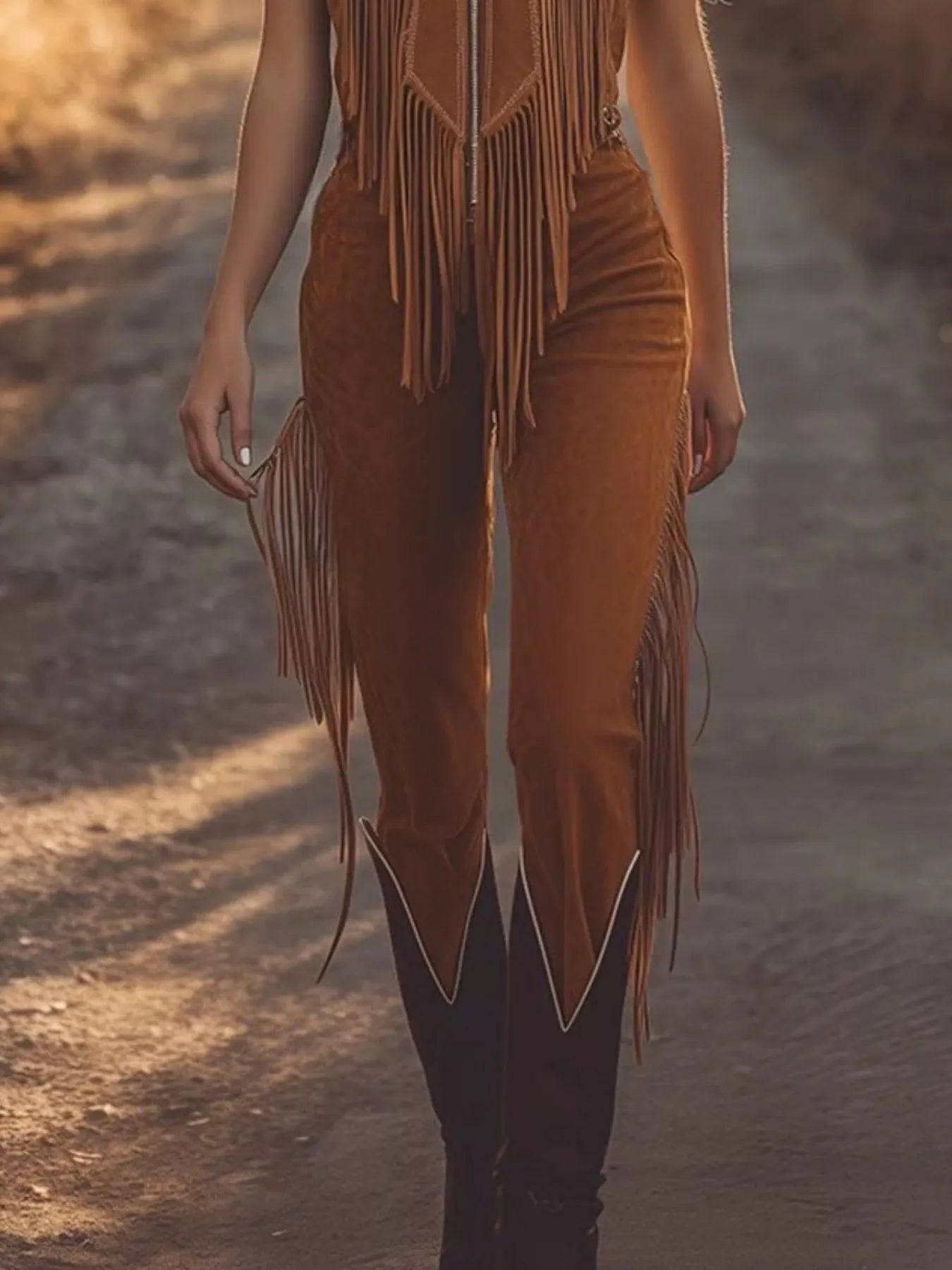 Western Style Fringe Jumpsuit in Light Brown