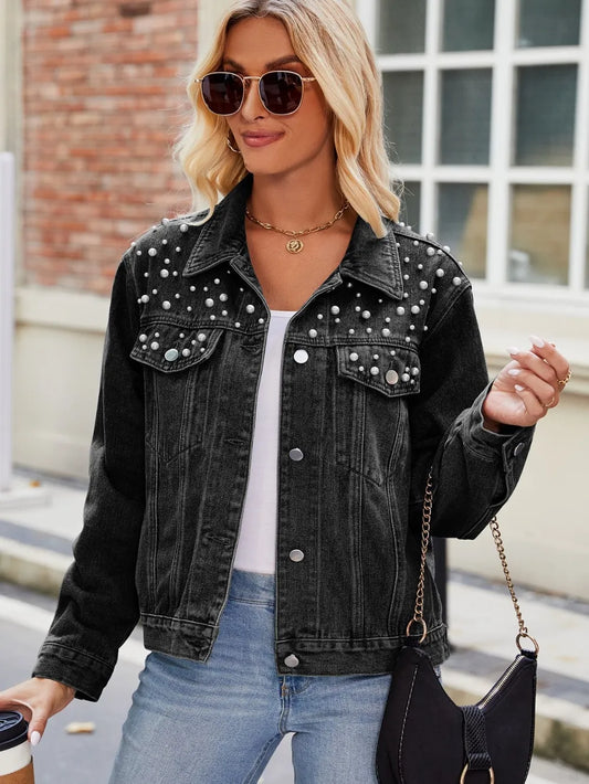 Pearl-Detail Collared Denim Jacket by Manny