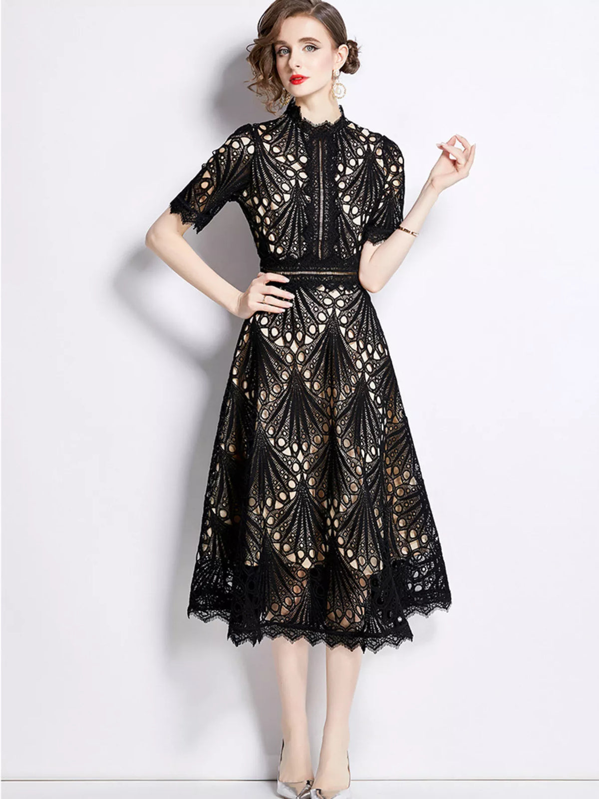 Lace Short Sleeve Midi Dress