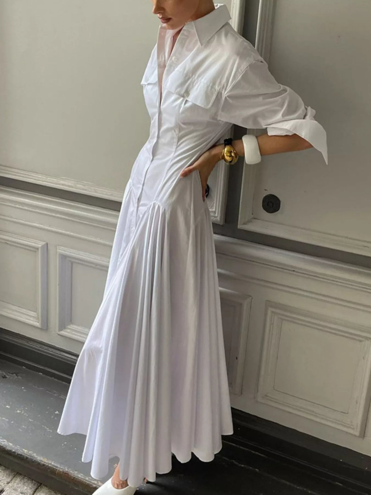 Button-Front Long Sleeve Maxi Shirt Dress in White