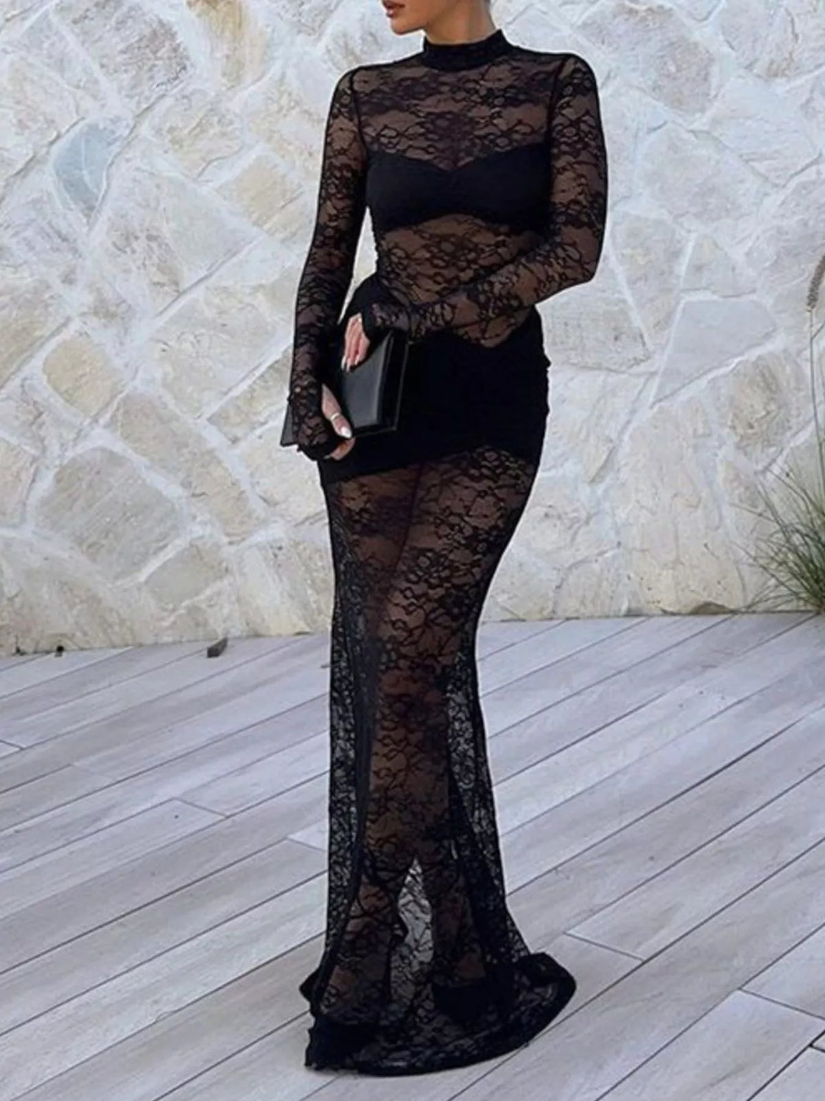 Lace Sheer Mock Neck Maxi Dress