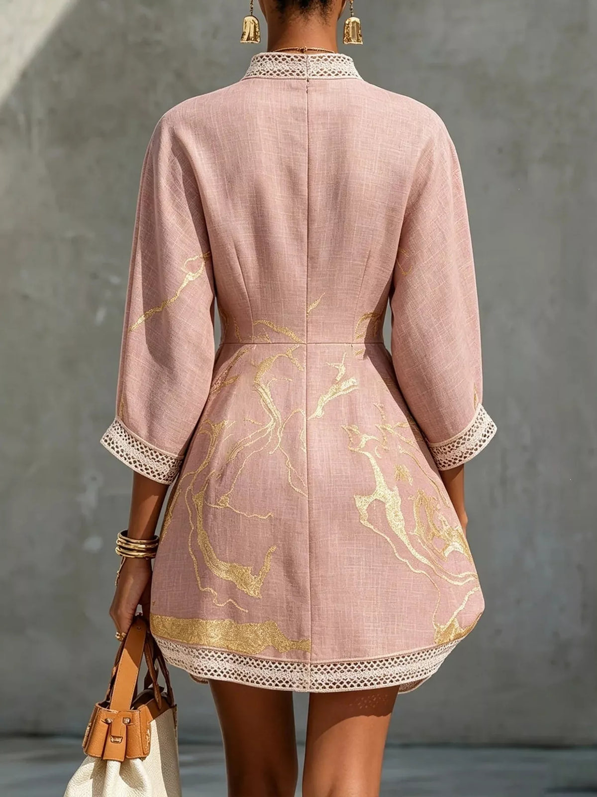 Notched 3/4 Sleeve Lace Mini Dress