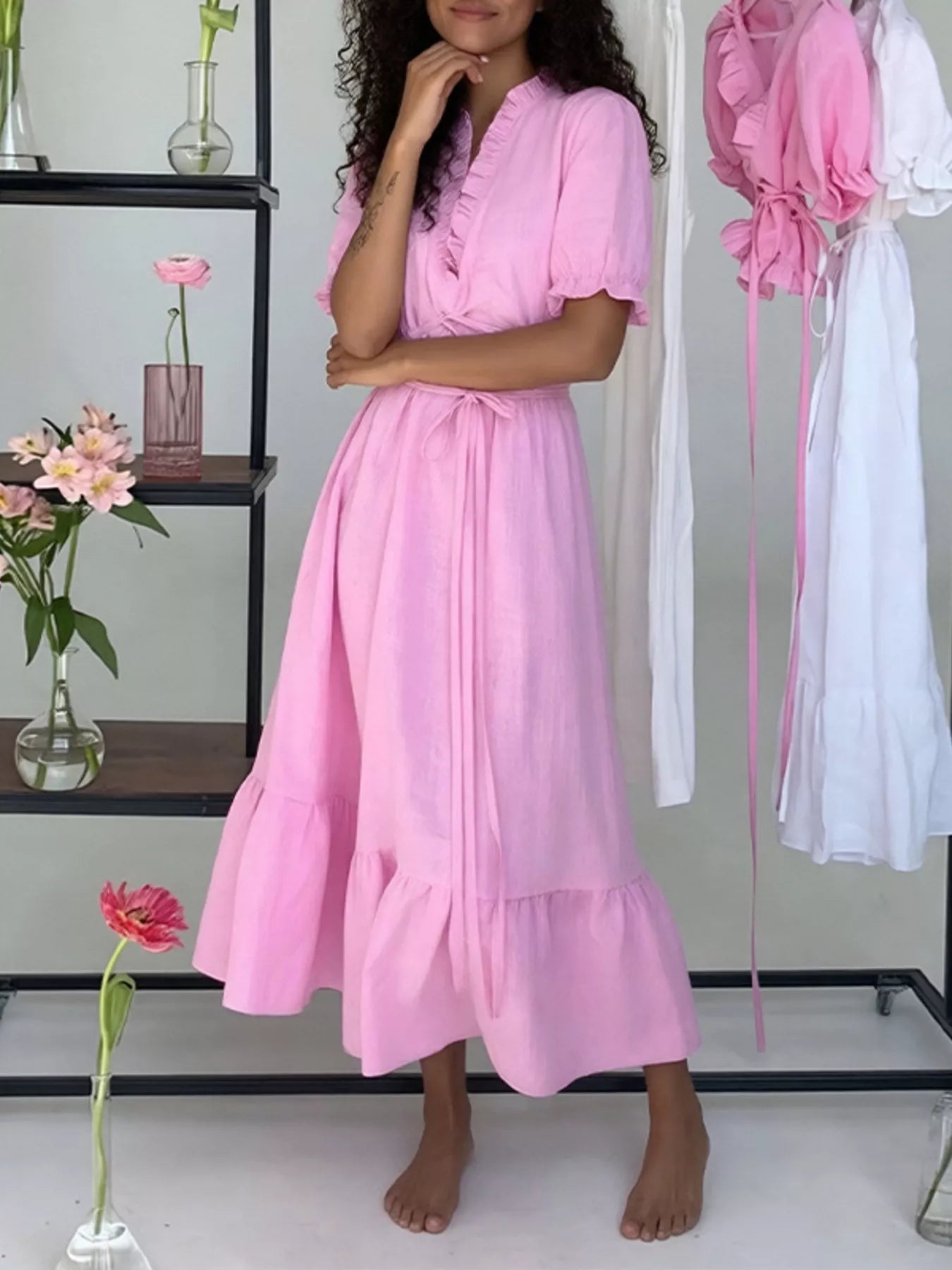 Ruffle Trim Puff Sleeve Maxi Dress