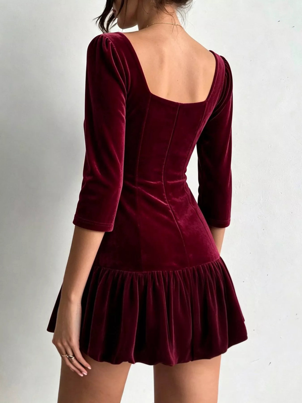 Velvet Square-Neck Mini Dress in Burgundy